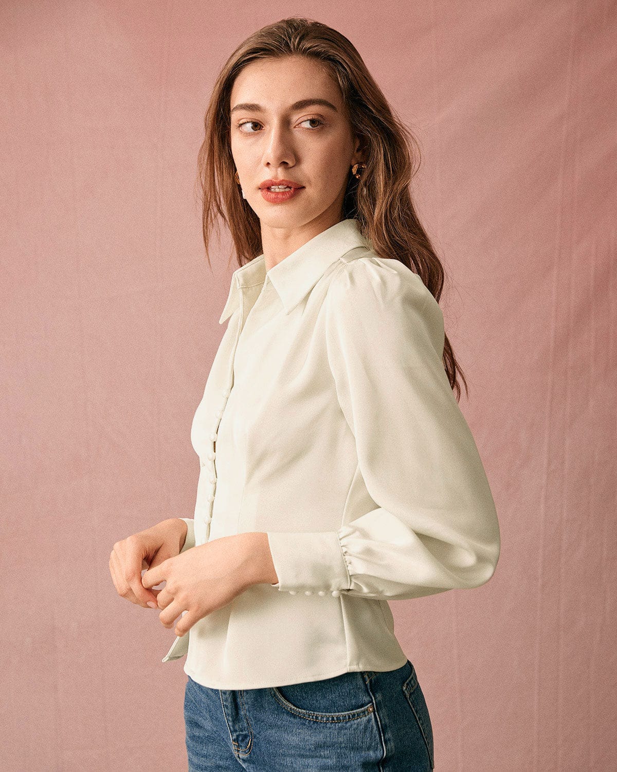 The Solid Collared Puff Sleeve Satin Blouse - Image 3