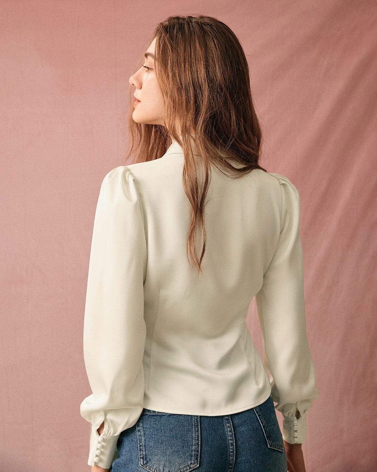 The Solid Collared Puff Sleeve Satin Blouse - Image 5