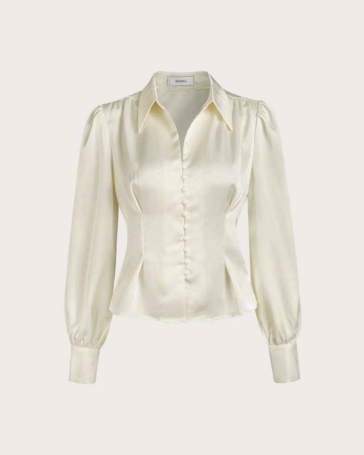 The Solid Collared Puff Sleeve Satin Blouse - Image 6