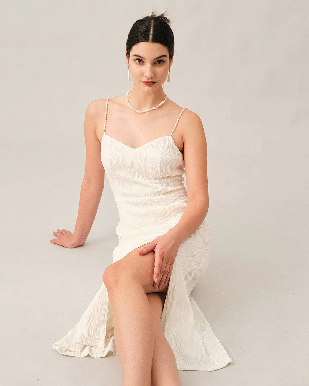The Wave Textured Pearl Strap Midi Dress - Image 3