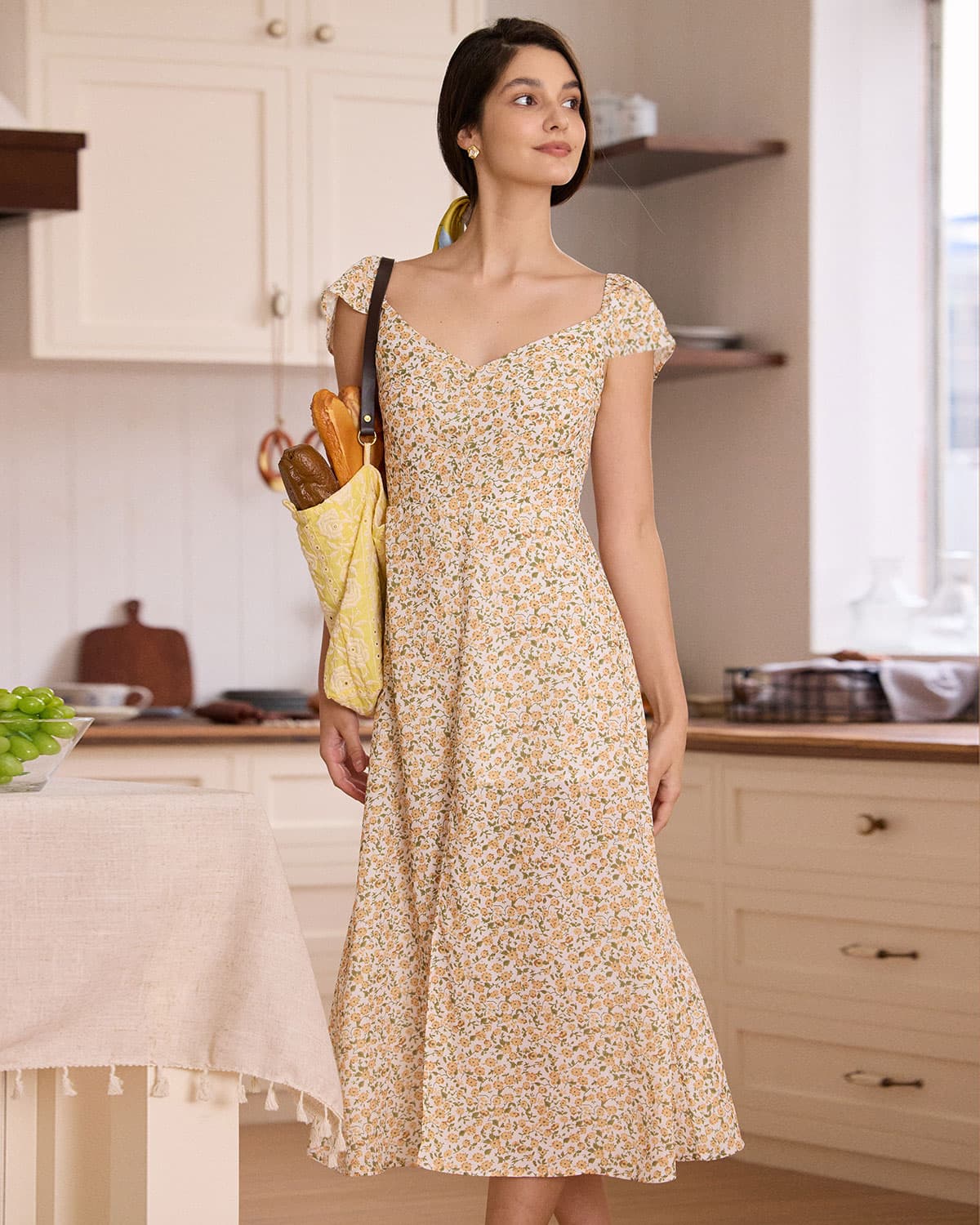 The Yellow V Neck Floral Slit Midi Dress - Image 3