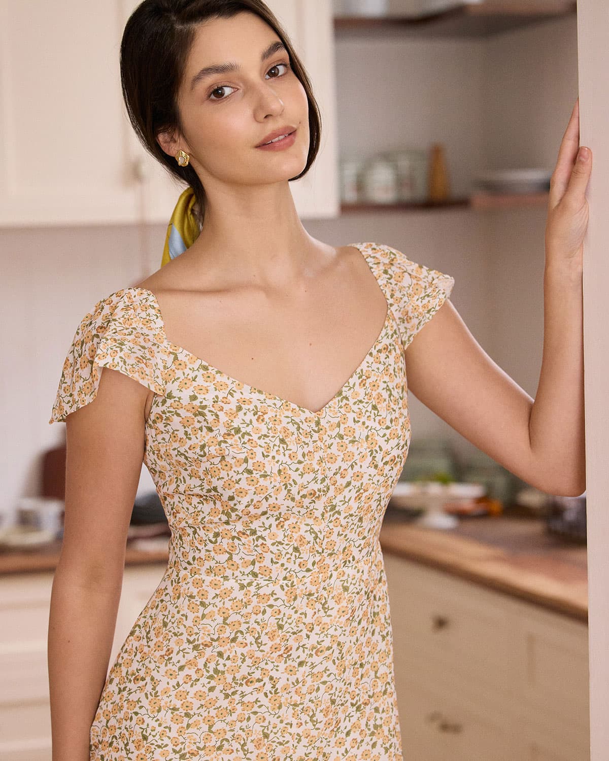 The Yellow V Neck Floral Slit Midi Dress - Image 4
