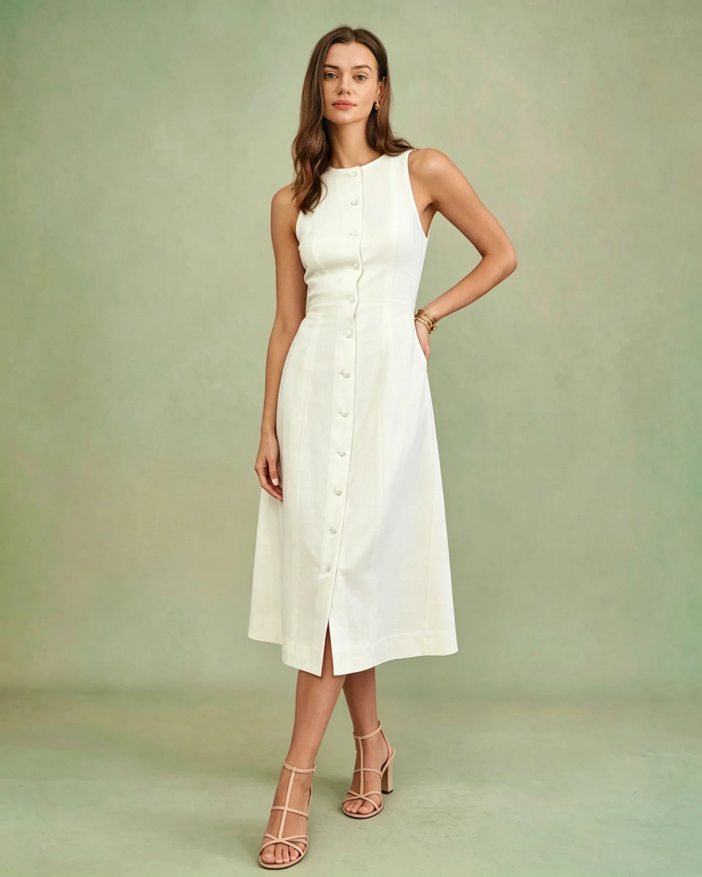 White Button Tie Tunic Midi Dress - Image 4