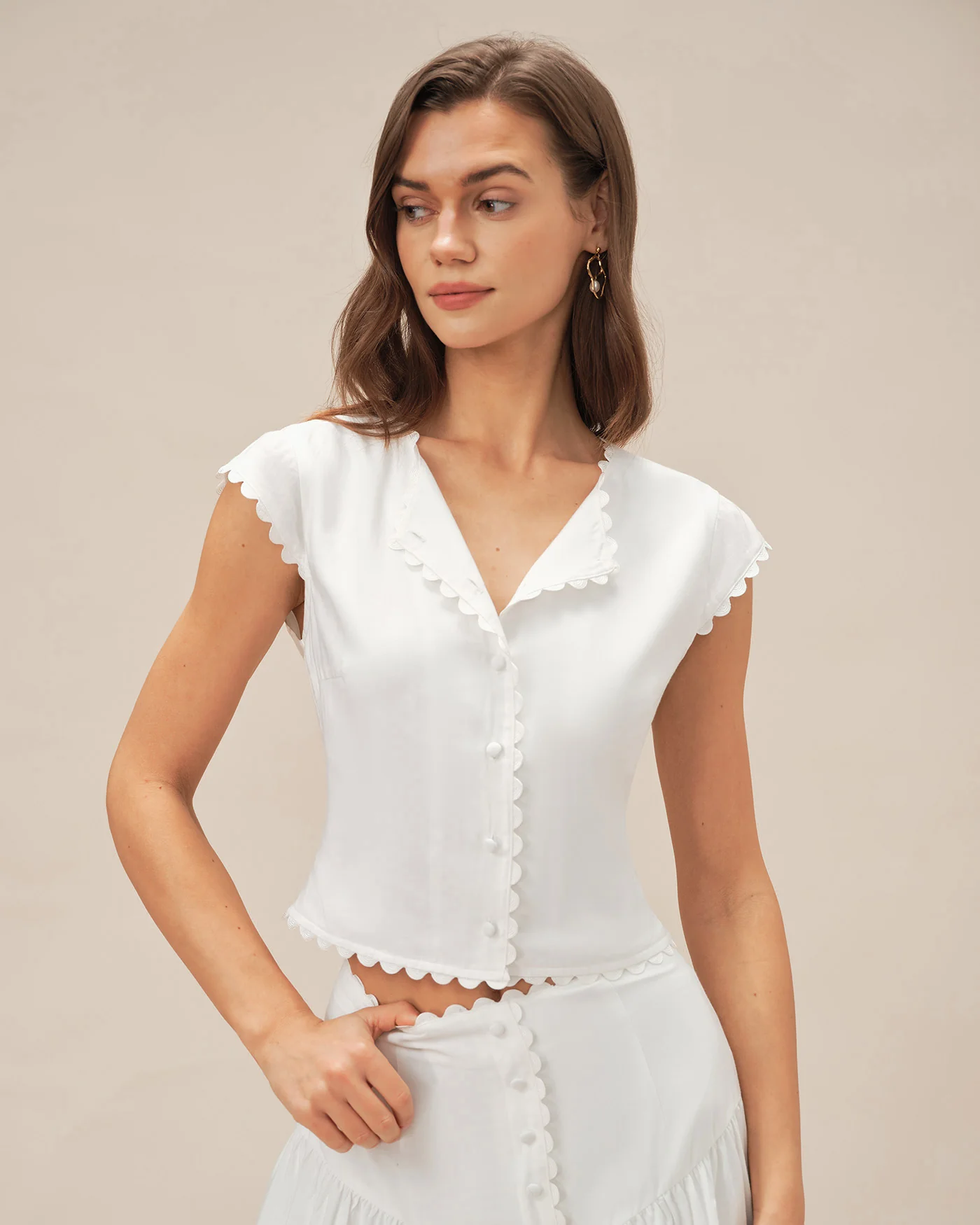 White Cap Sleeve Button Blouse - Image 2