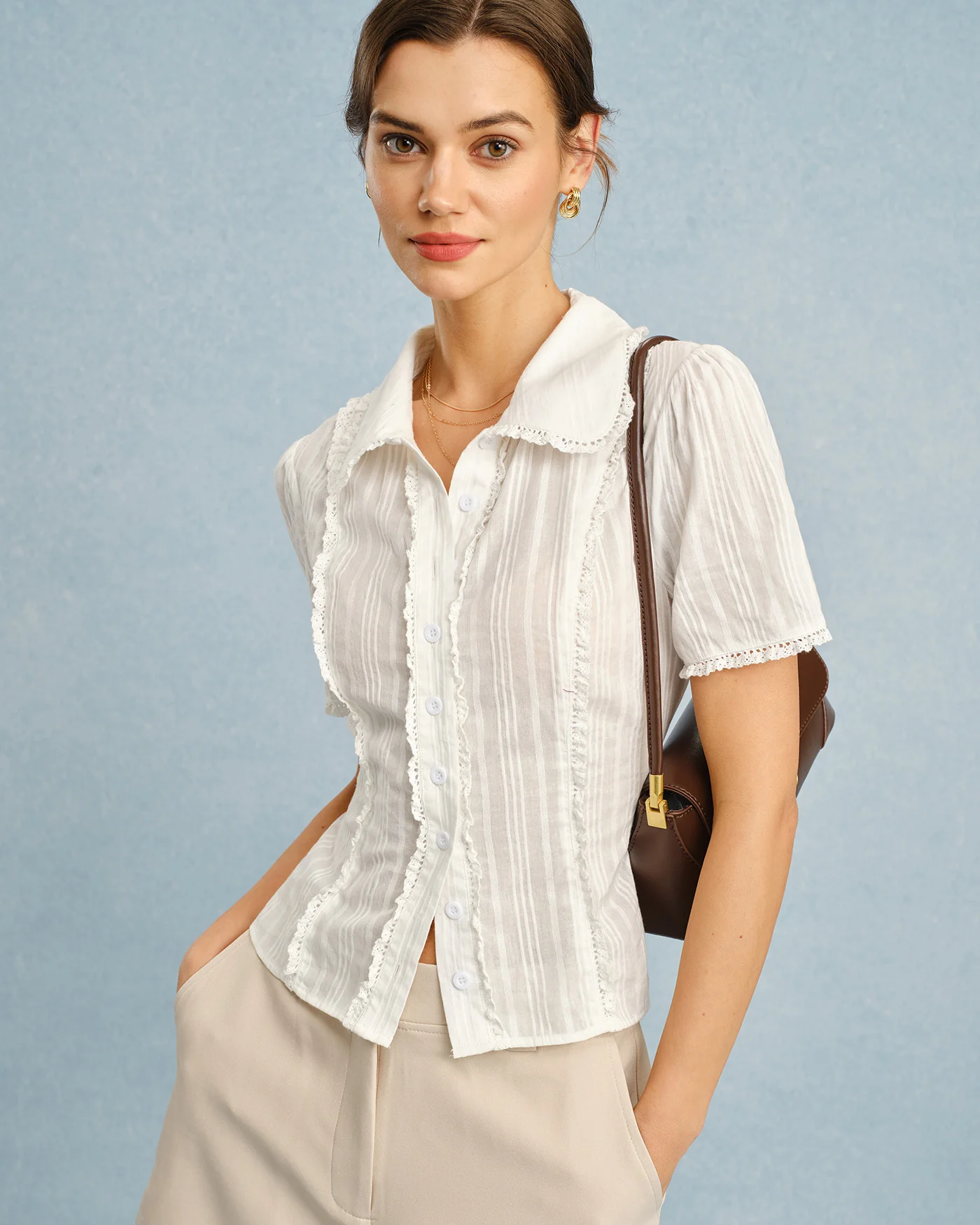 White Collar Lace Button Blouse - Image 3