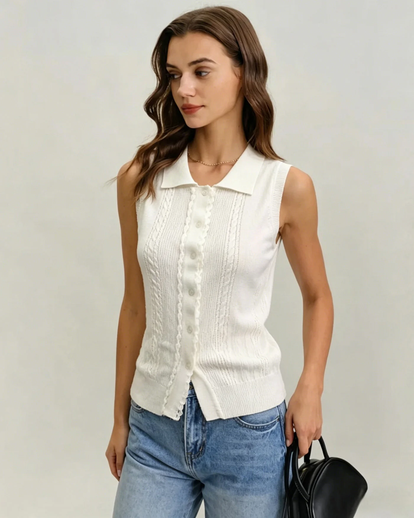 White Collar Textured Button Tank Top - Image 3