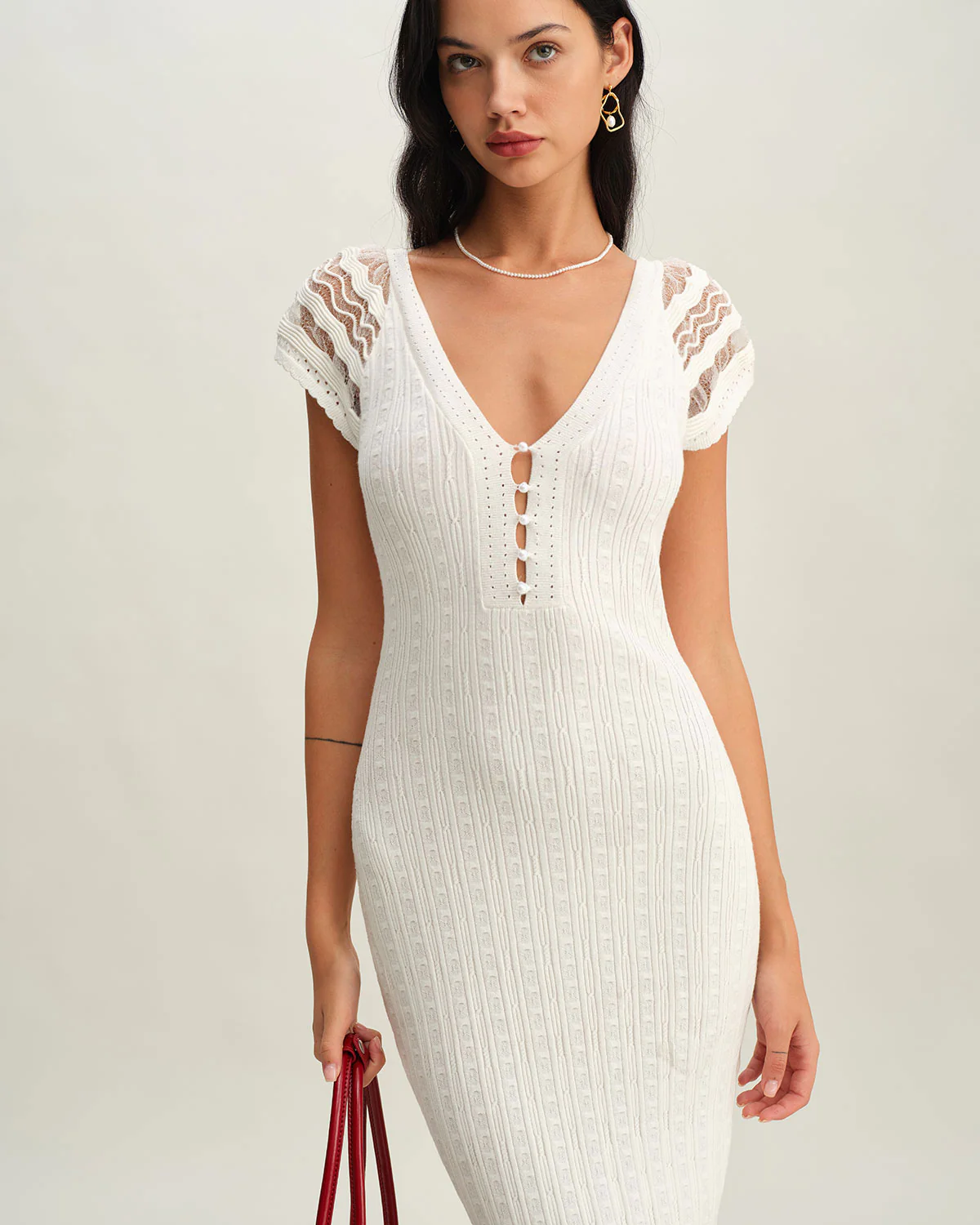 White Crochet Bodycon Sweater Dress - Image 3