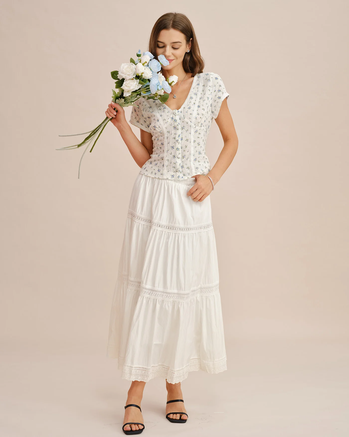 White Elastic Waist Maxi Skirt - Image 3