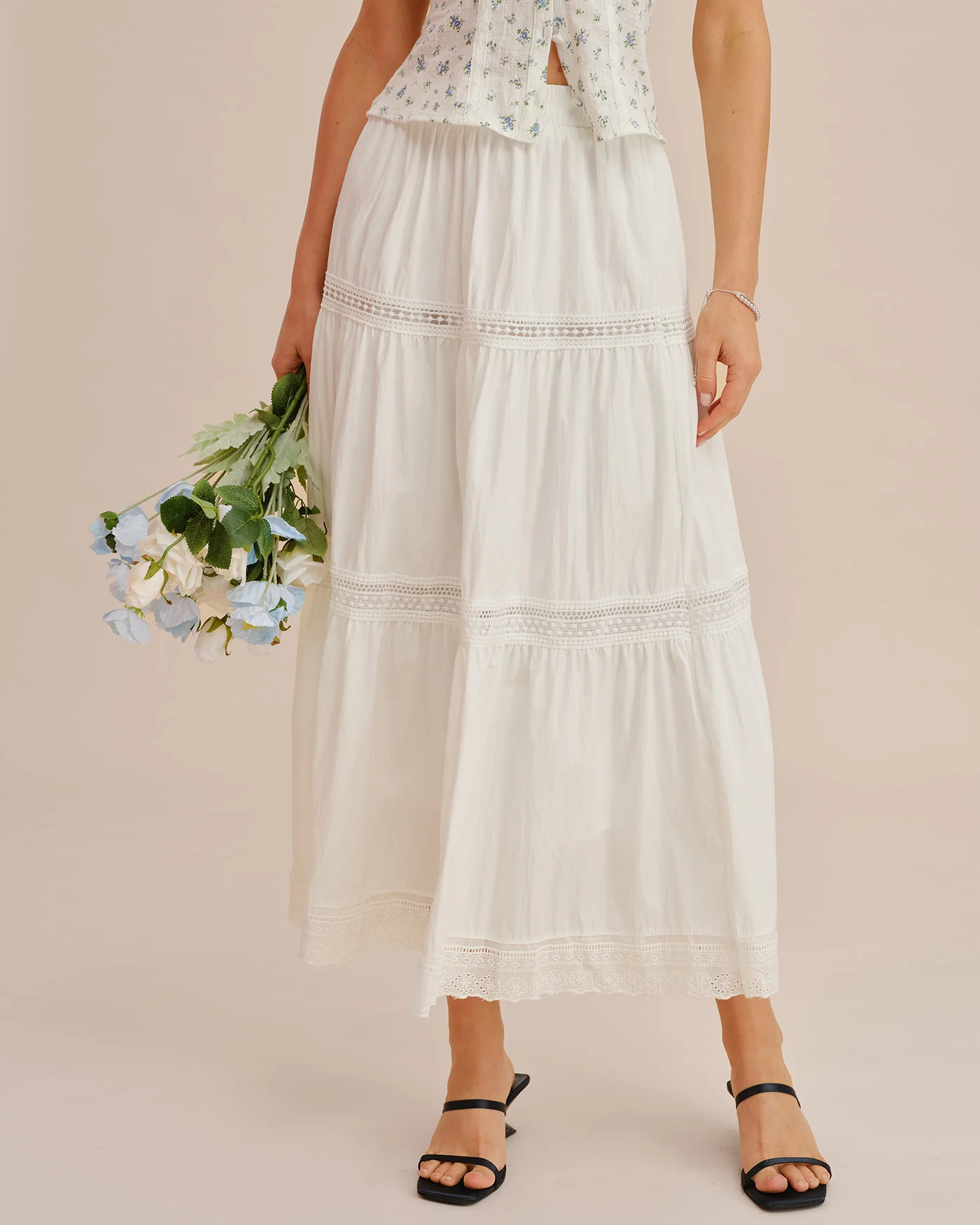 White Elastic Waist Maxi Skirt - Image 4