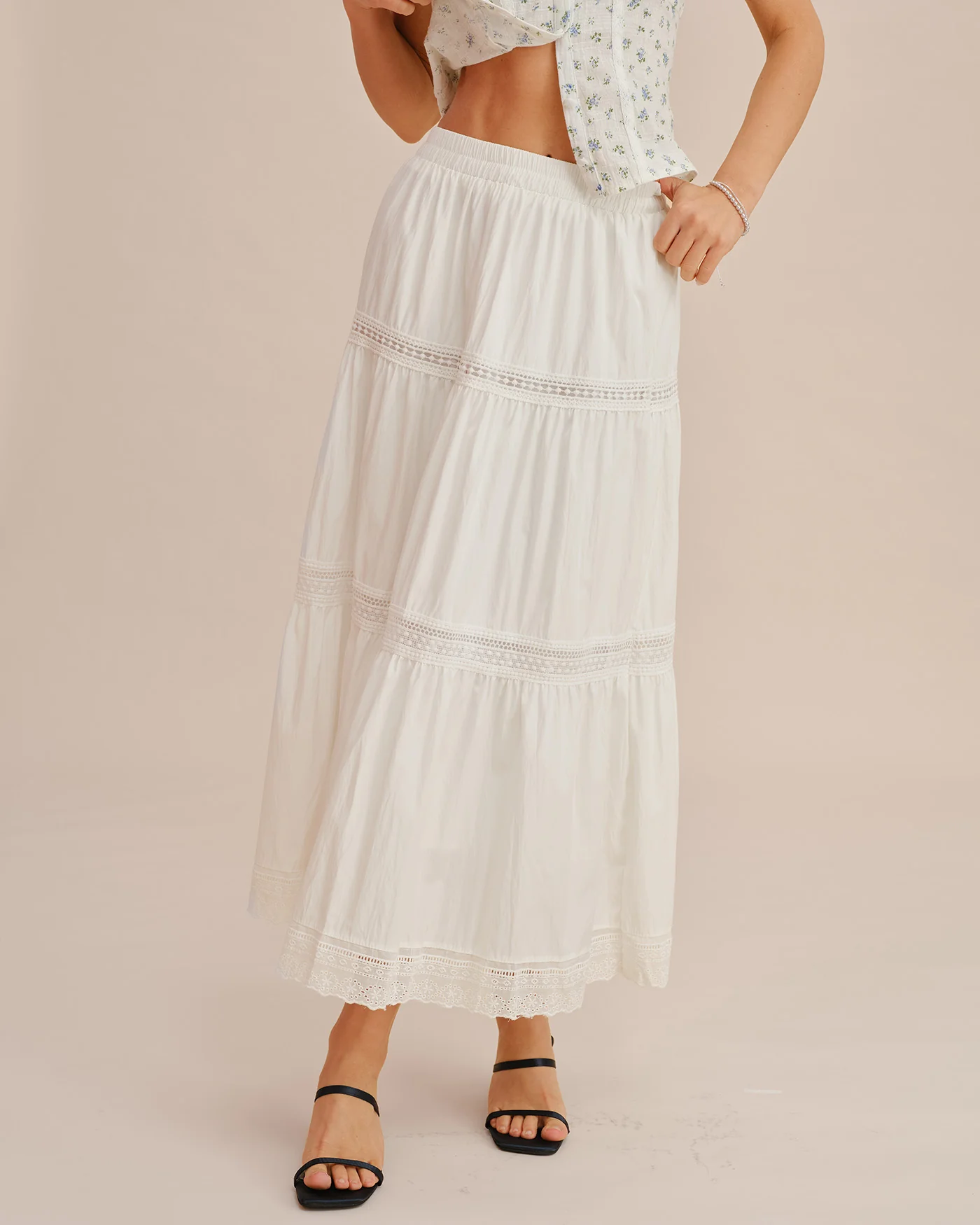 White Elastic Waist Maxi Skirt - Image 5