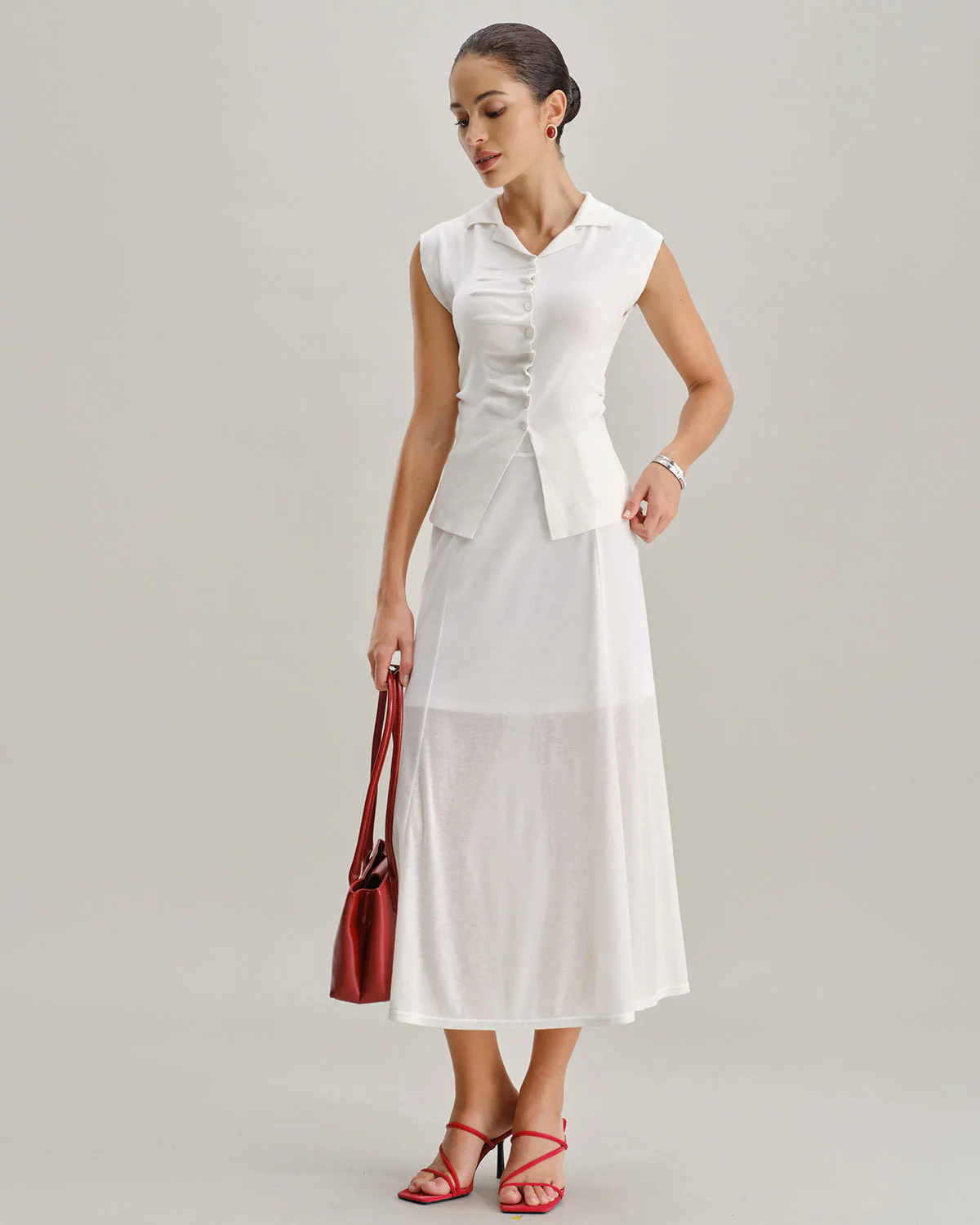 White Elastic Waist Straight Midi Skirt - Image 2