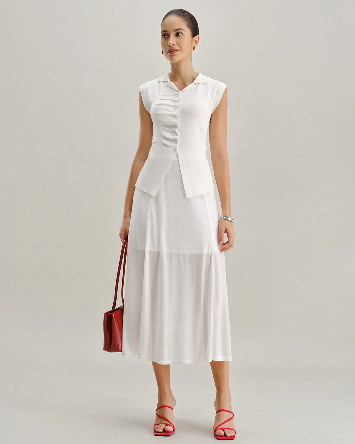 White Elastic Waist Straight Midi Skirt - Image 3