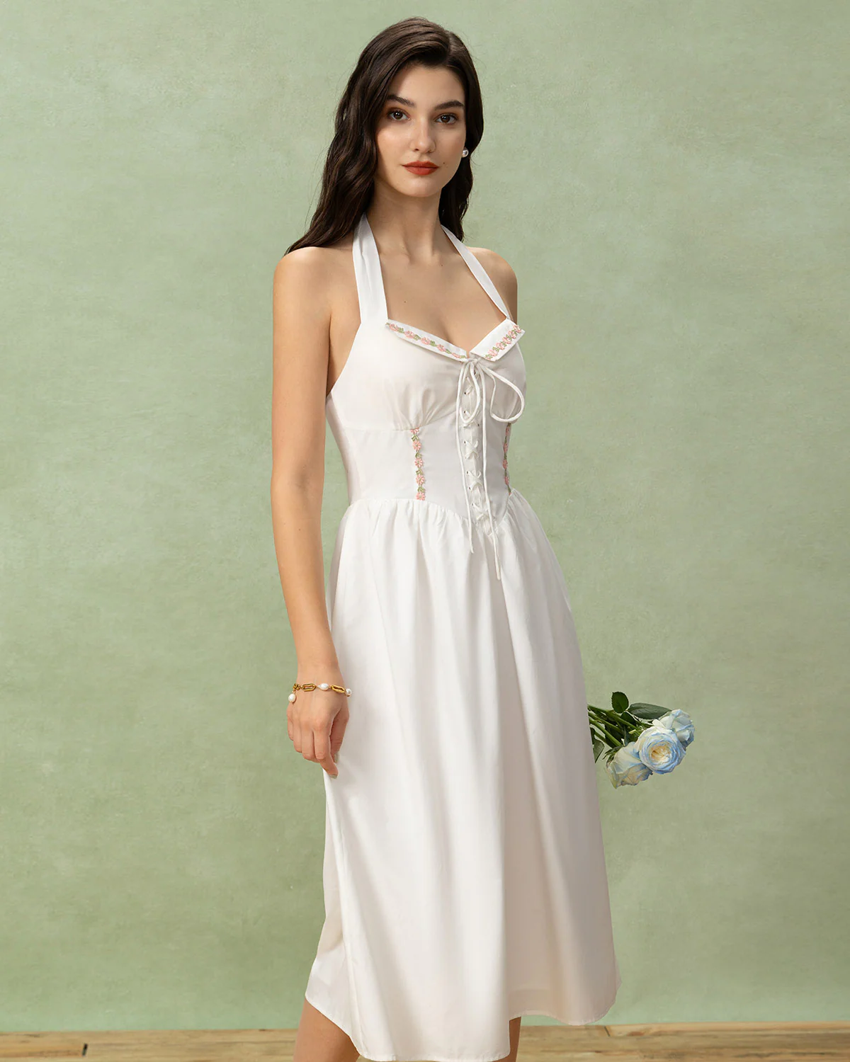 White Embroidery A-Line Halter Midi Dress - Image 3