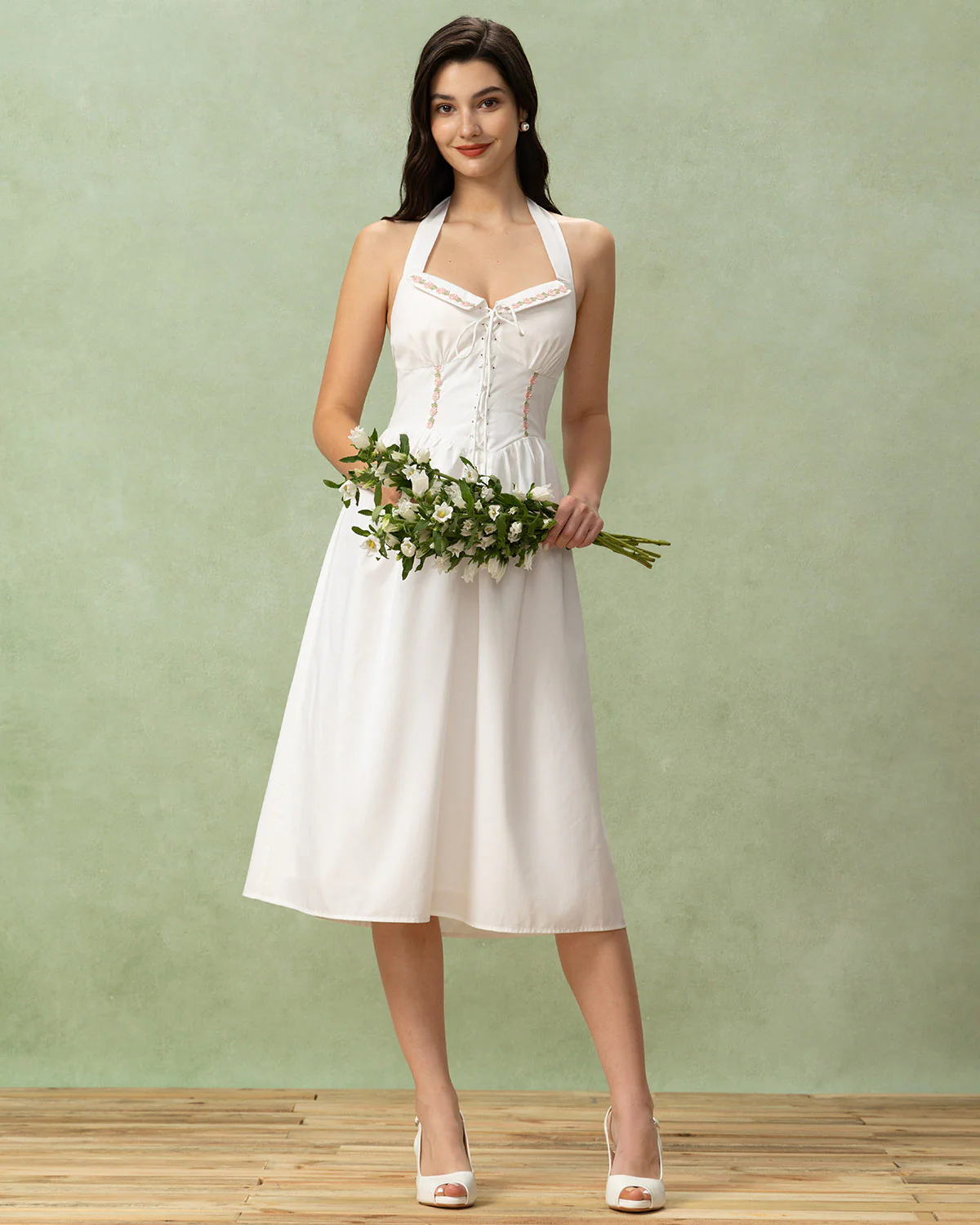 White Embroidery A-Line Halter Midi Dress - Image 4
