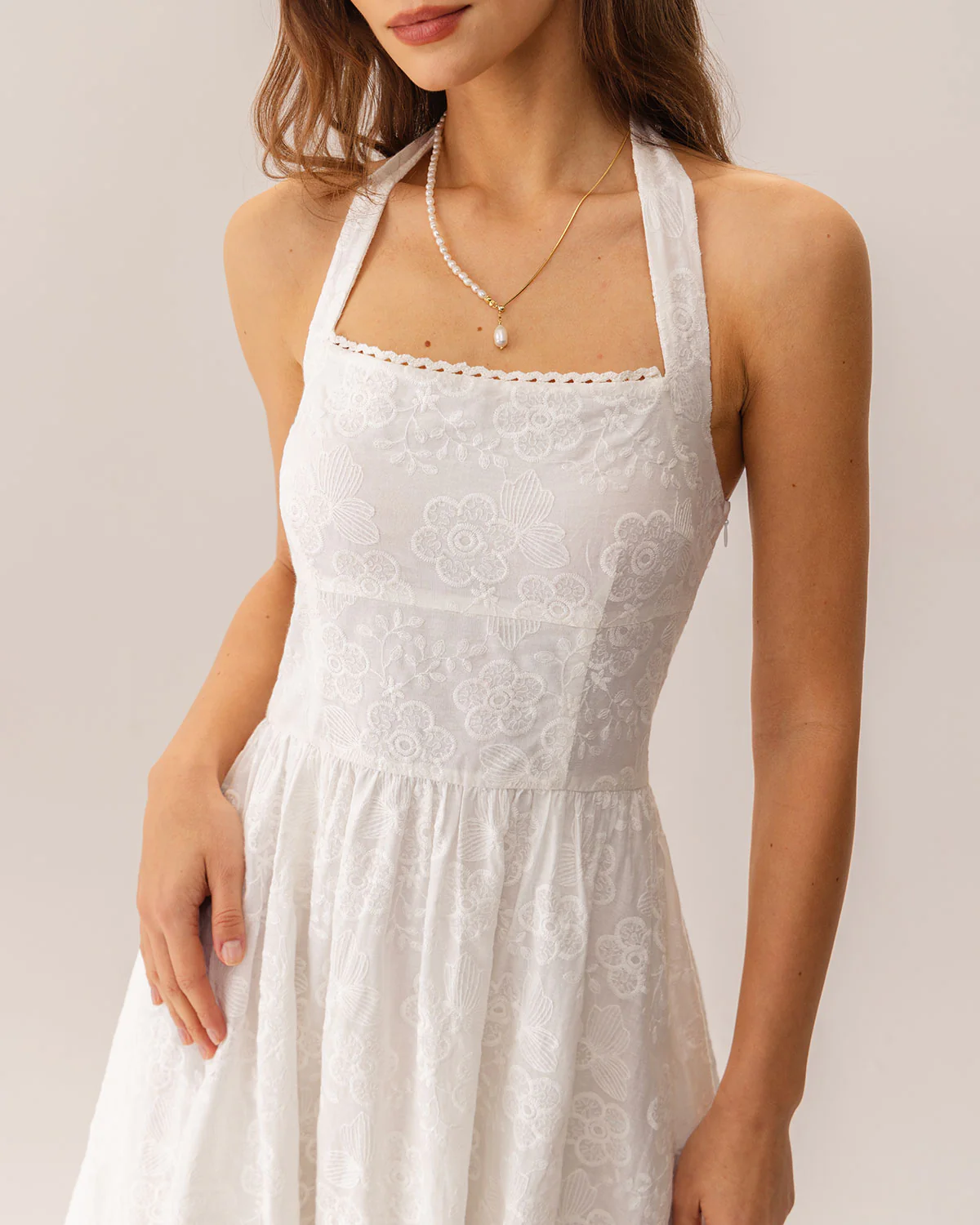 White Embroidery Halter Midi Dress - Image 2