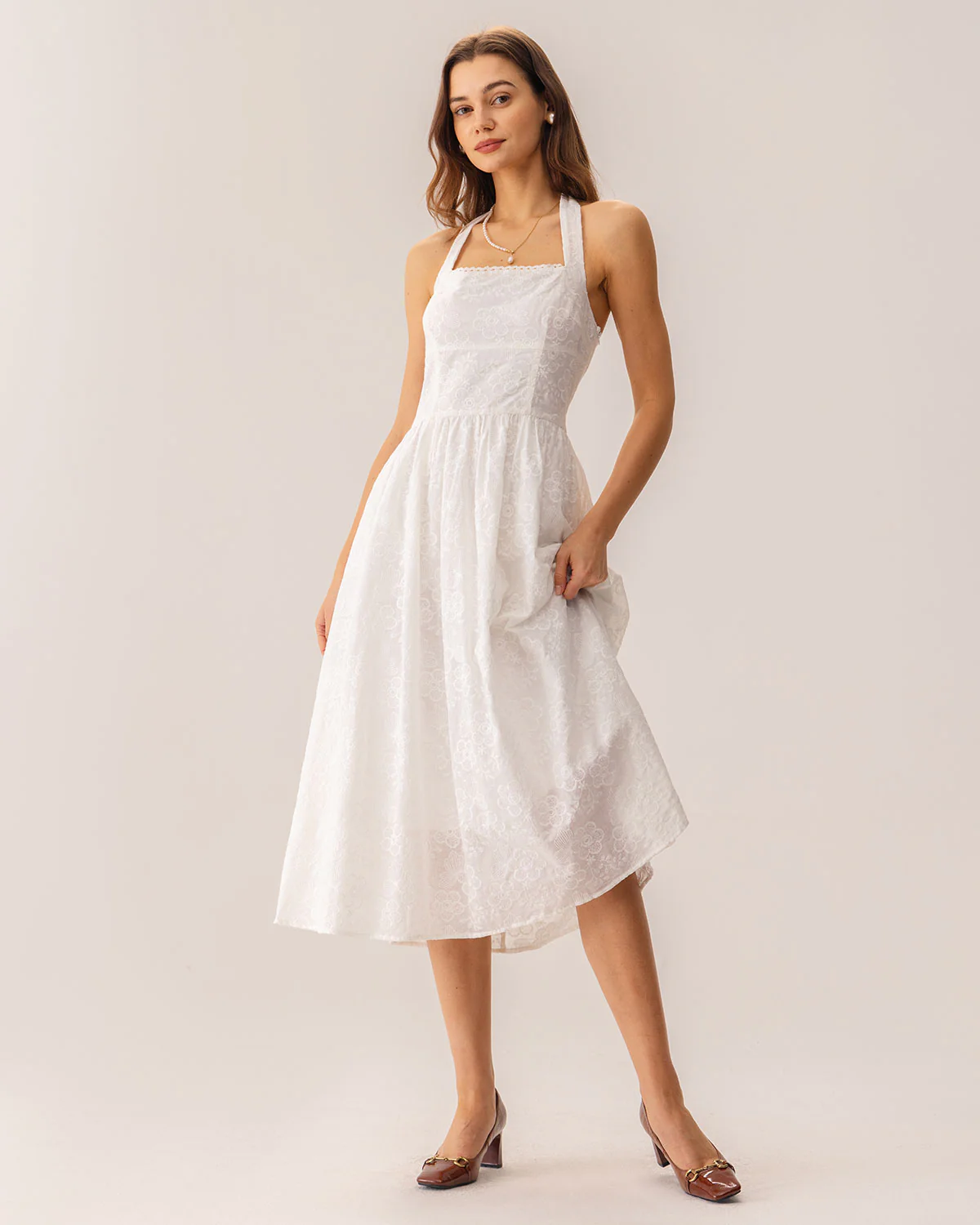 White Embroidery Halter Midi Dress - Image 3