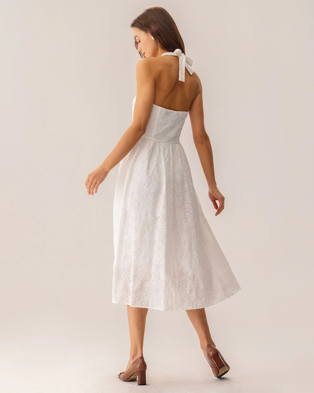 White Embroidery Halter Midi Dress - Image 5
