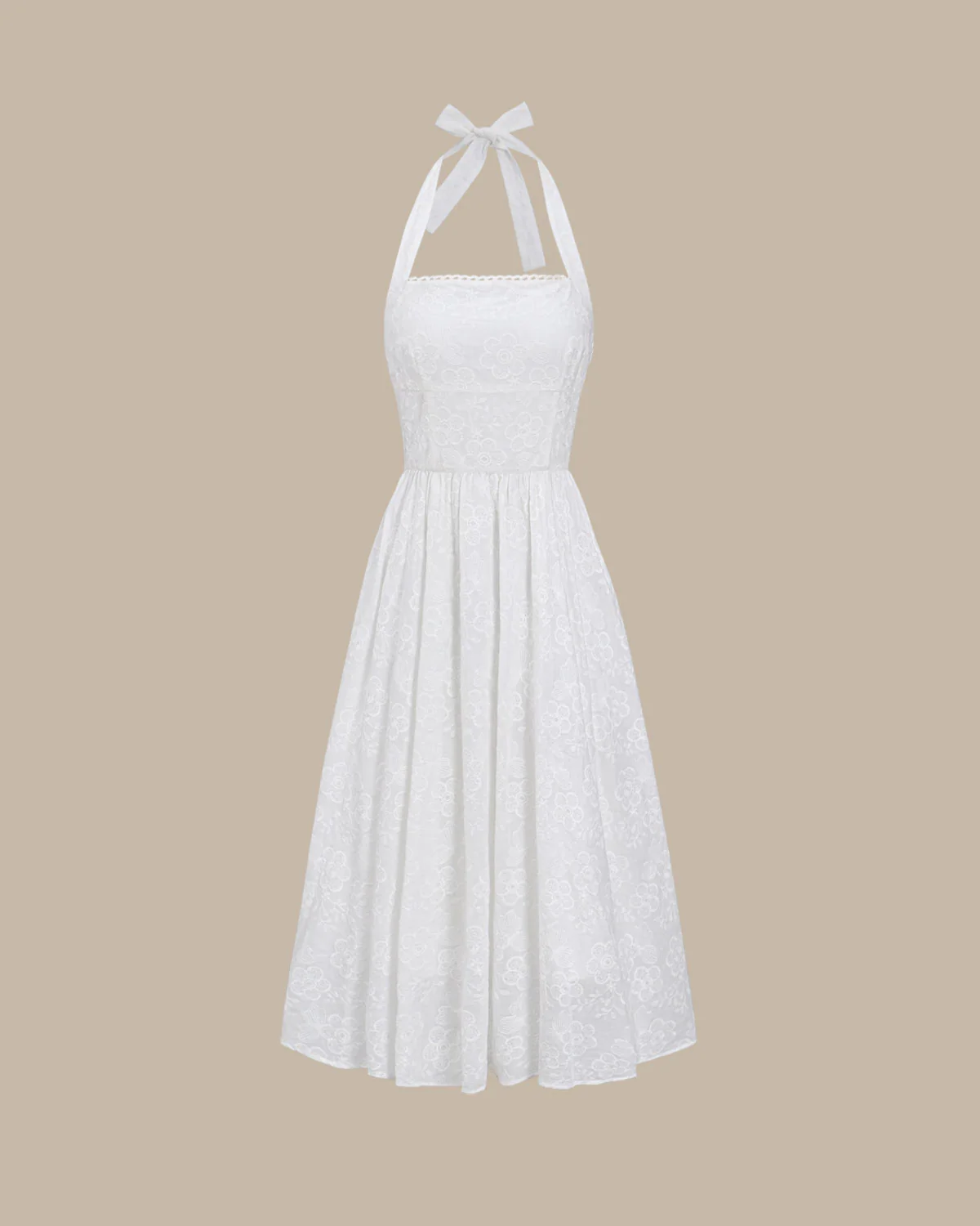 White Embroidery Halter Midi Dress - Image 6