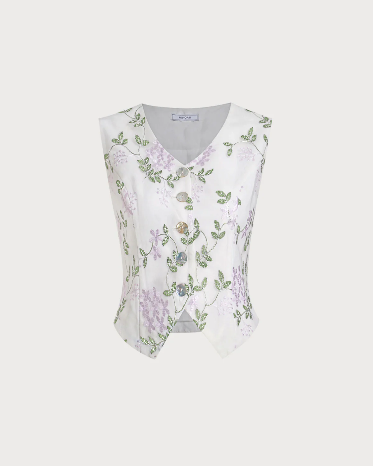 White Embroidery V Neck Button Vest - Image 5