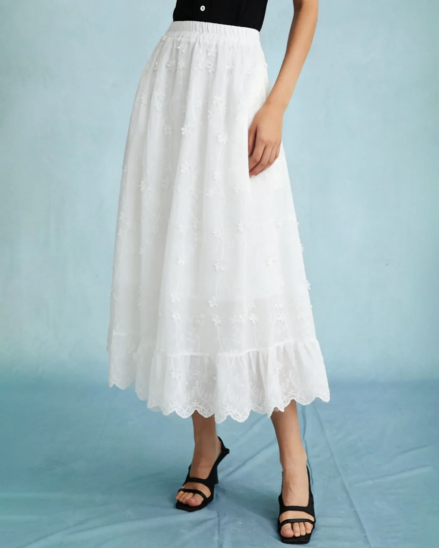 White Floral Elastic Waist Midi Skirt - Image 3