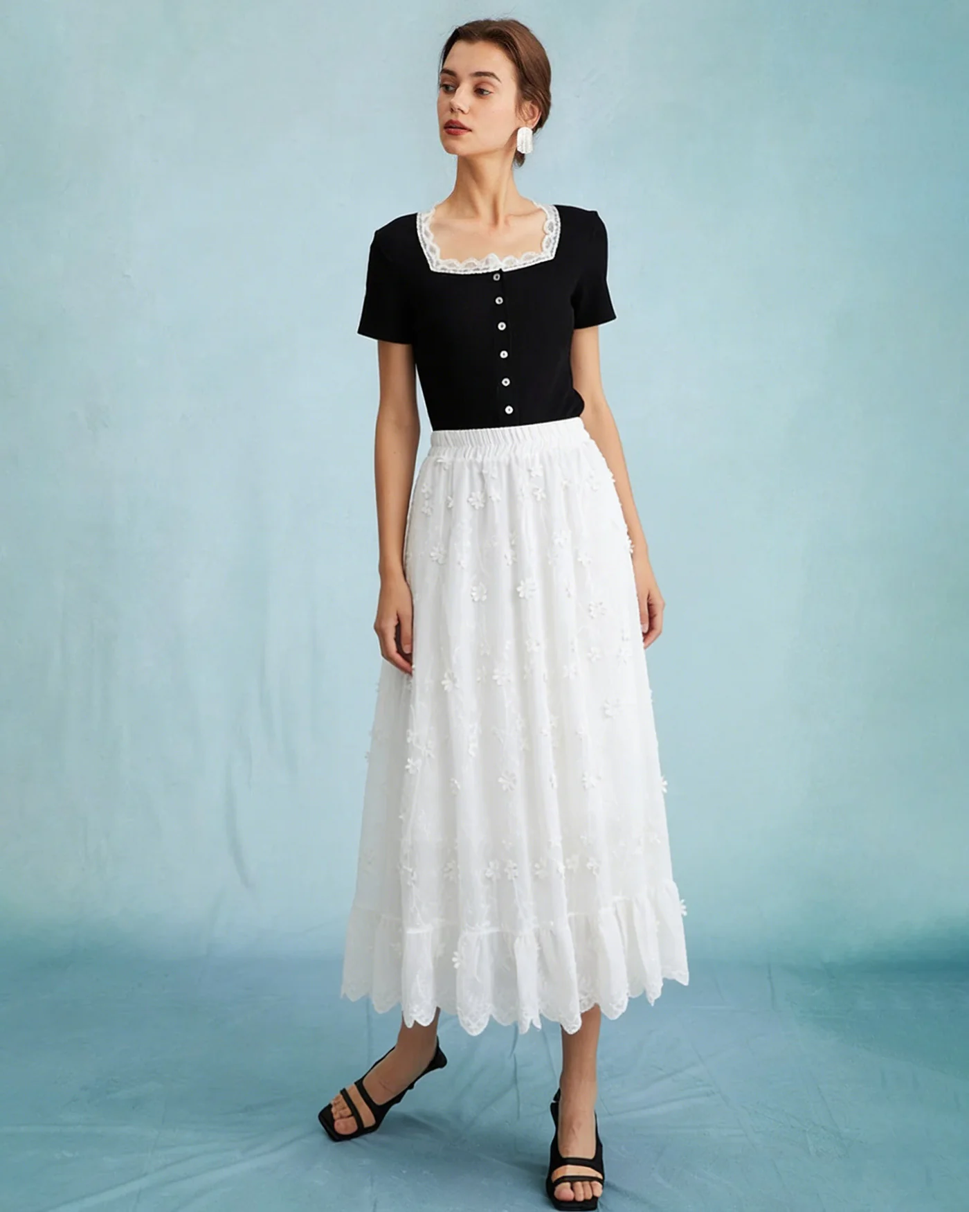 White Floral Elastic Waist Midi Skirt - Image 4