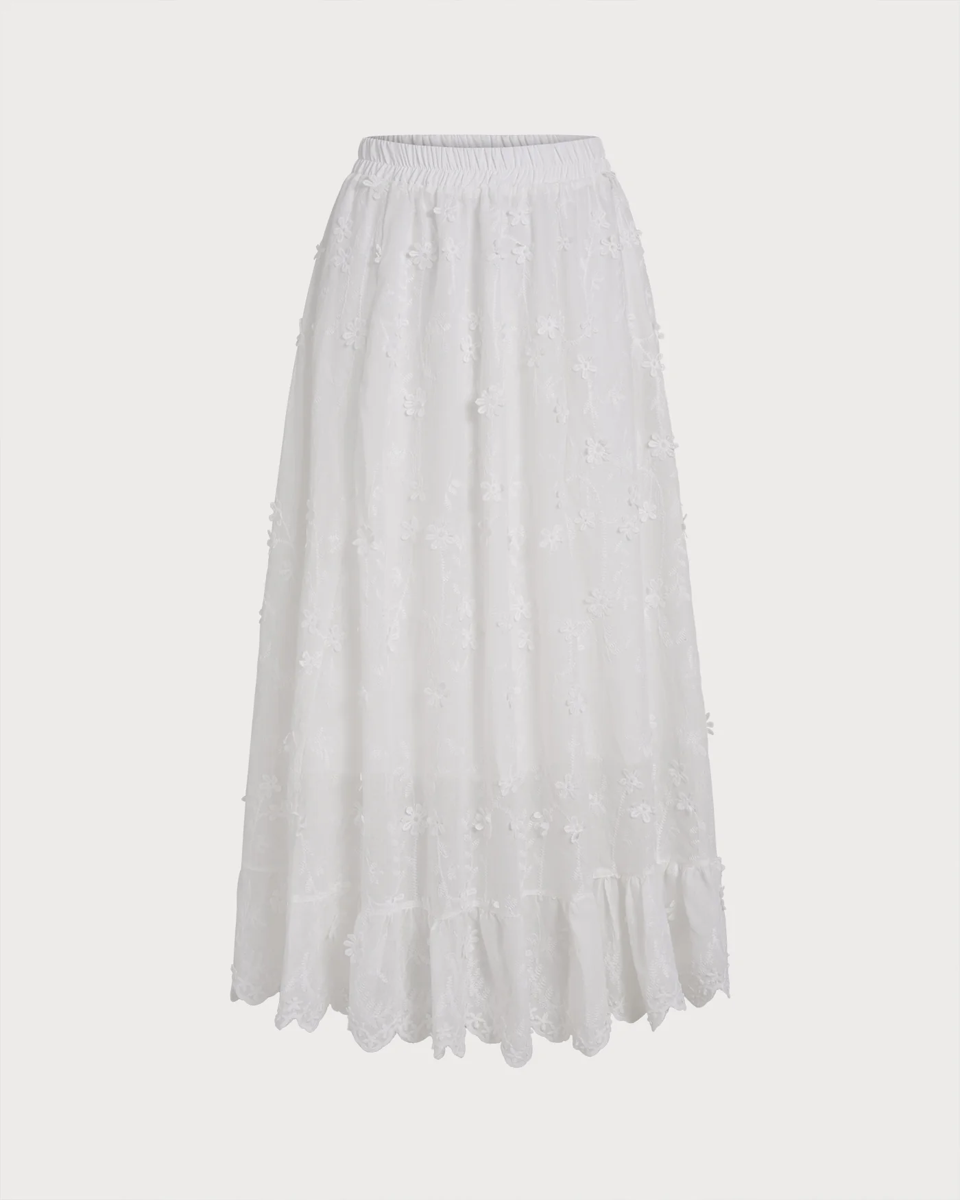 White Floral Elastic Waist Midi Skirt - Image 5