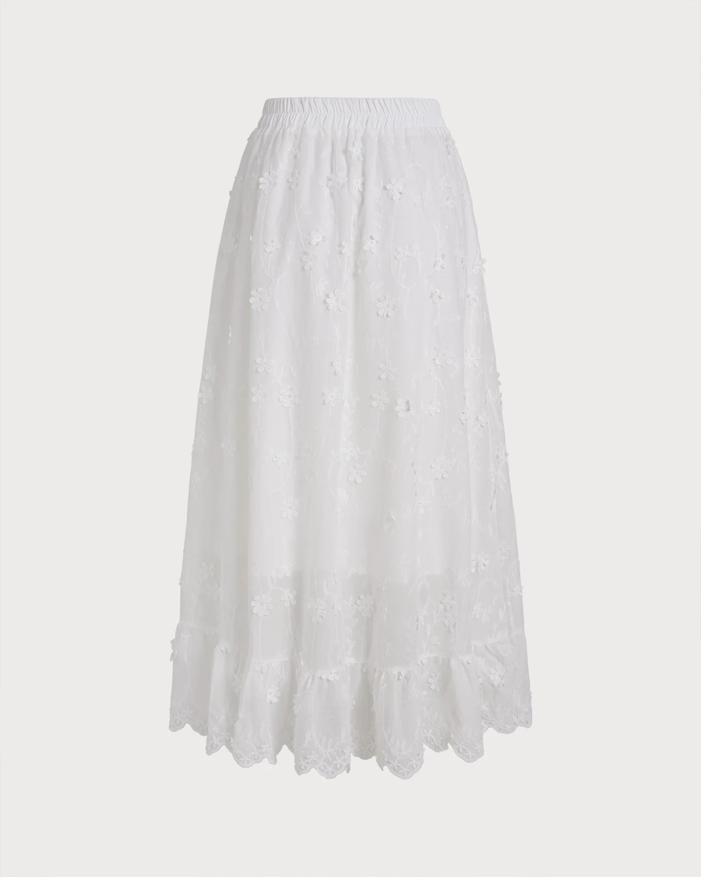 White Floral Elastic Waist Midi Skirt - Image 6