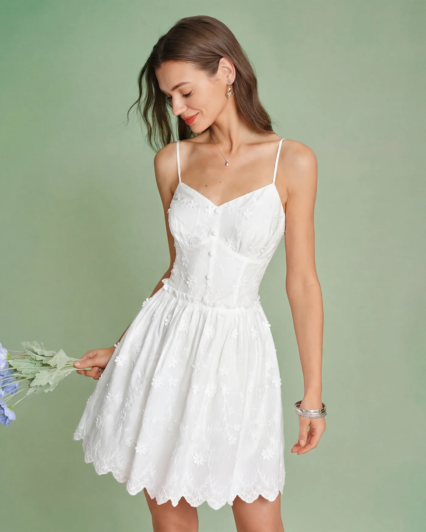 White Floral Embroidery Slip Mini Dress - Image 2