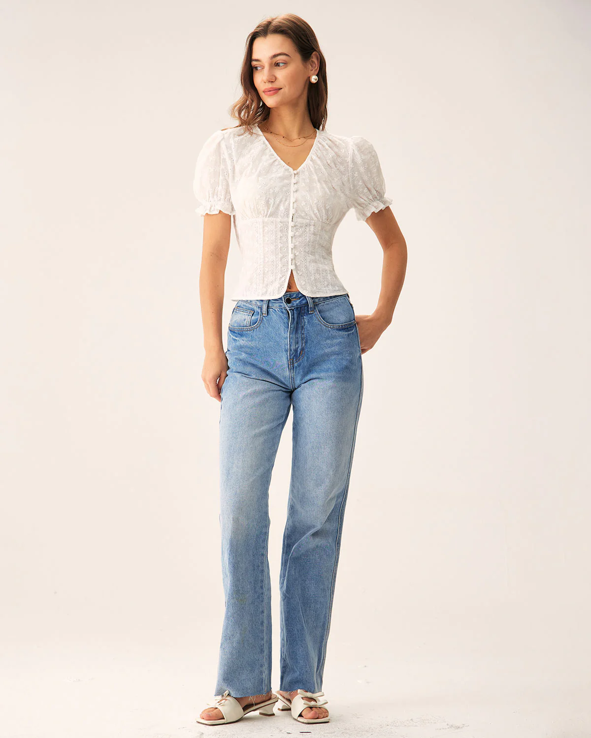White Floral Puffed Sleeve Blouse - Image 5