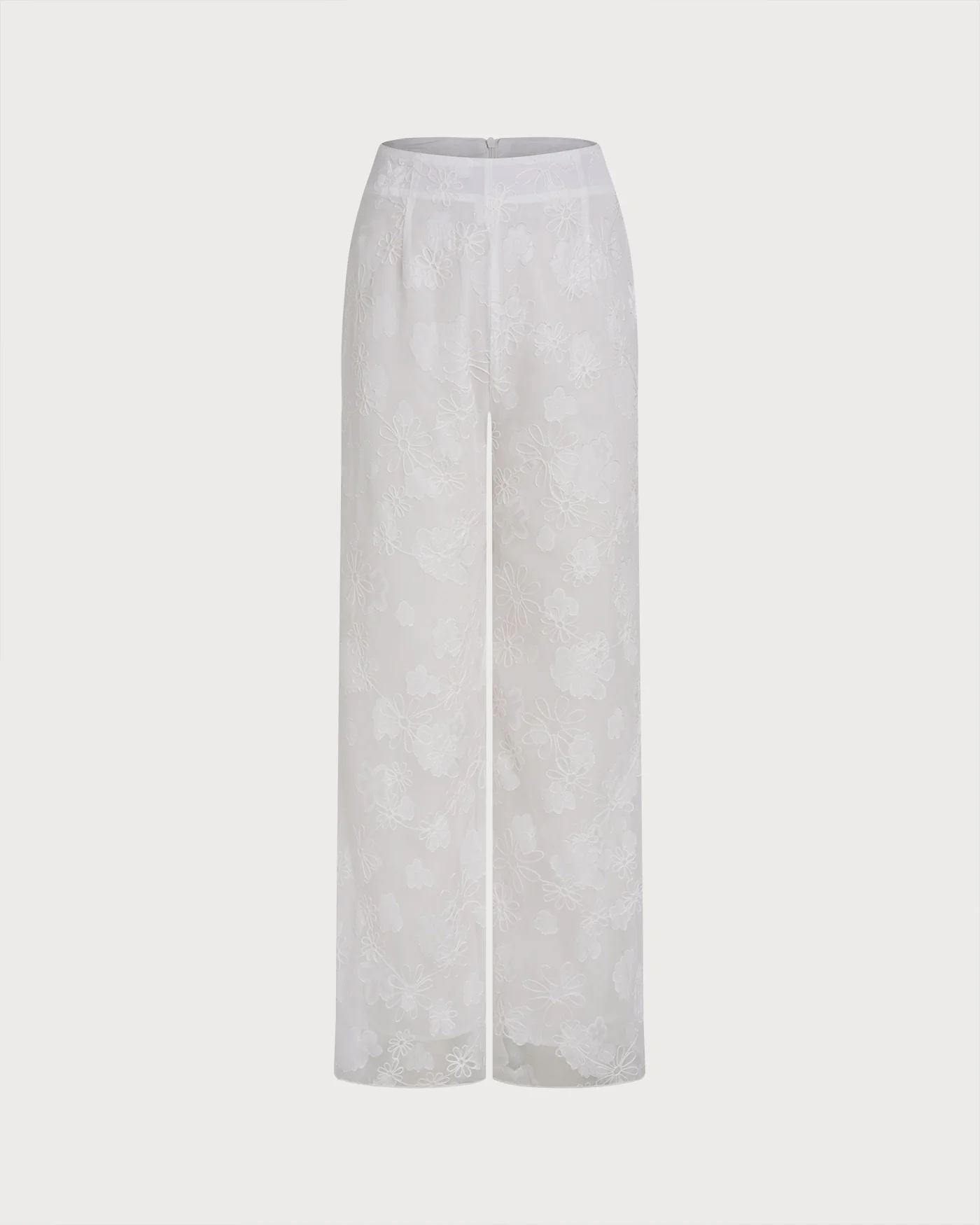 White Floral Textured Elastic Waist Pants - Image 2