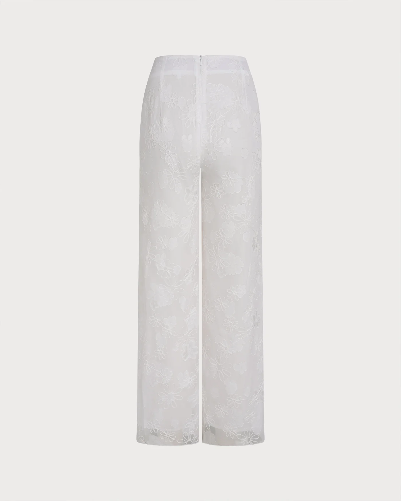 White Floral Textured Elastic Waist Pants - Image 3