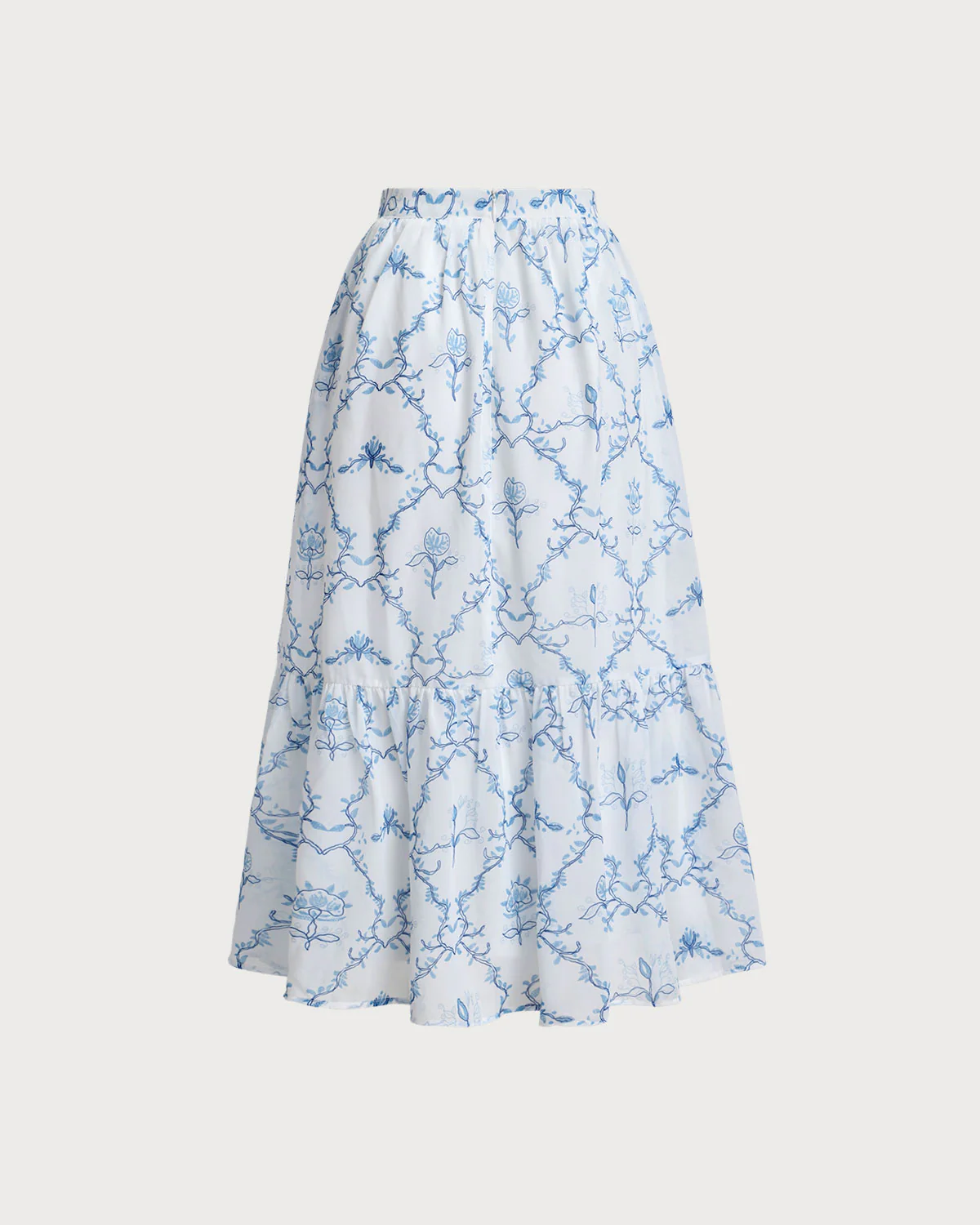 White Floral Tiered Midi Skirt - Image 5