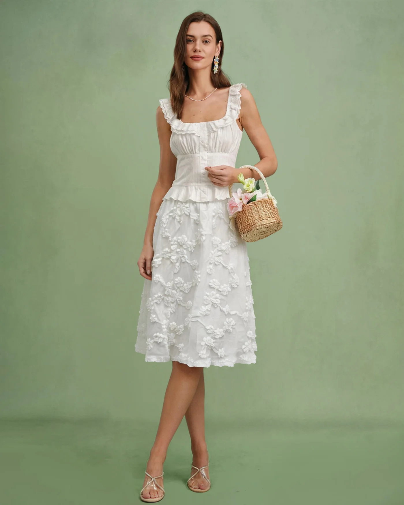 White Flowers Elastic Waist Midi Skirt - Image 2