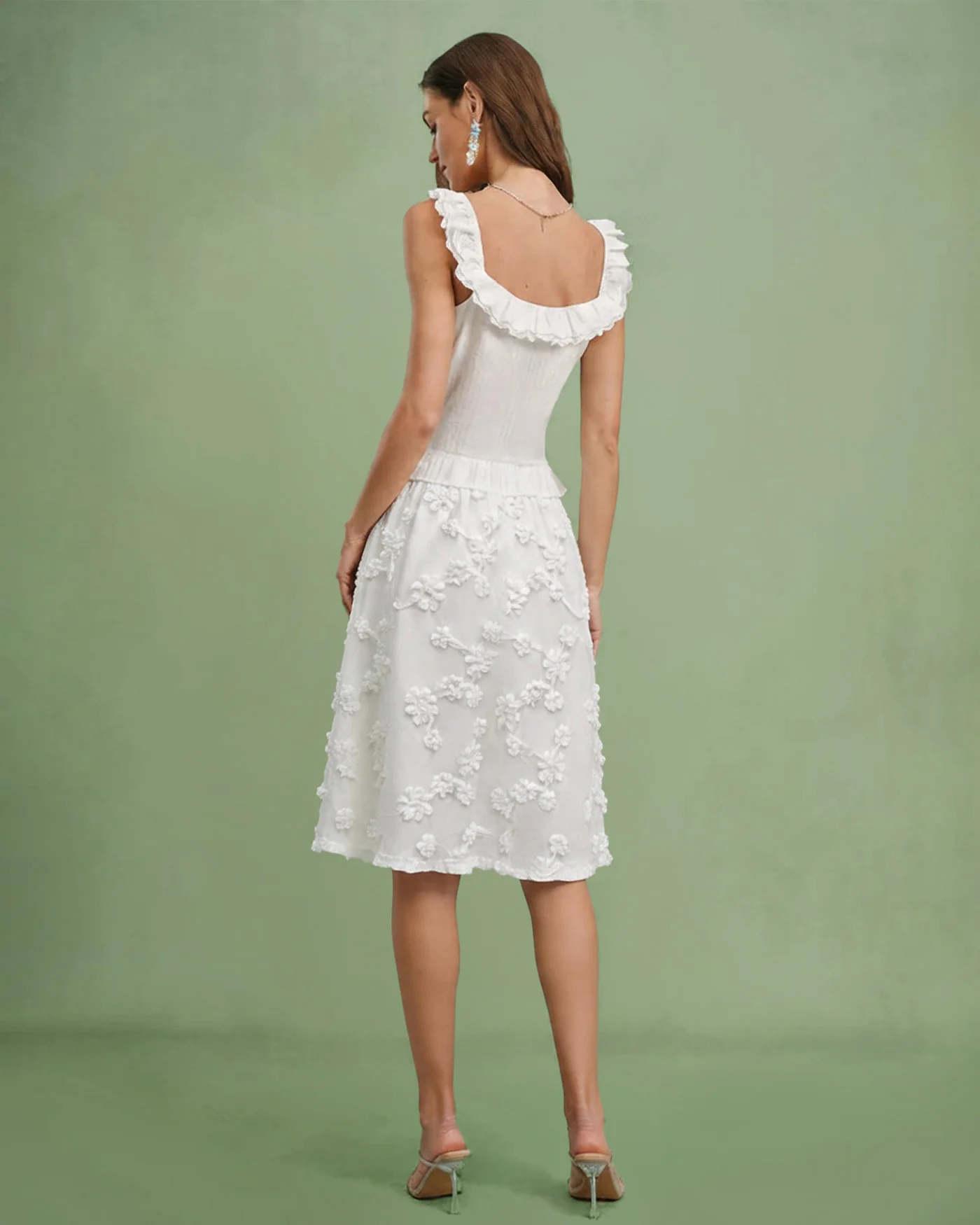 White Flowers Elastic Waist Midi Skirt - Image 3
