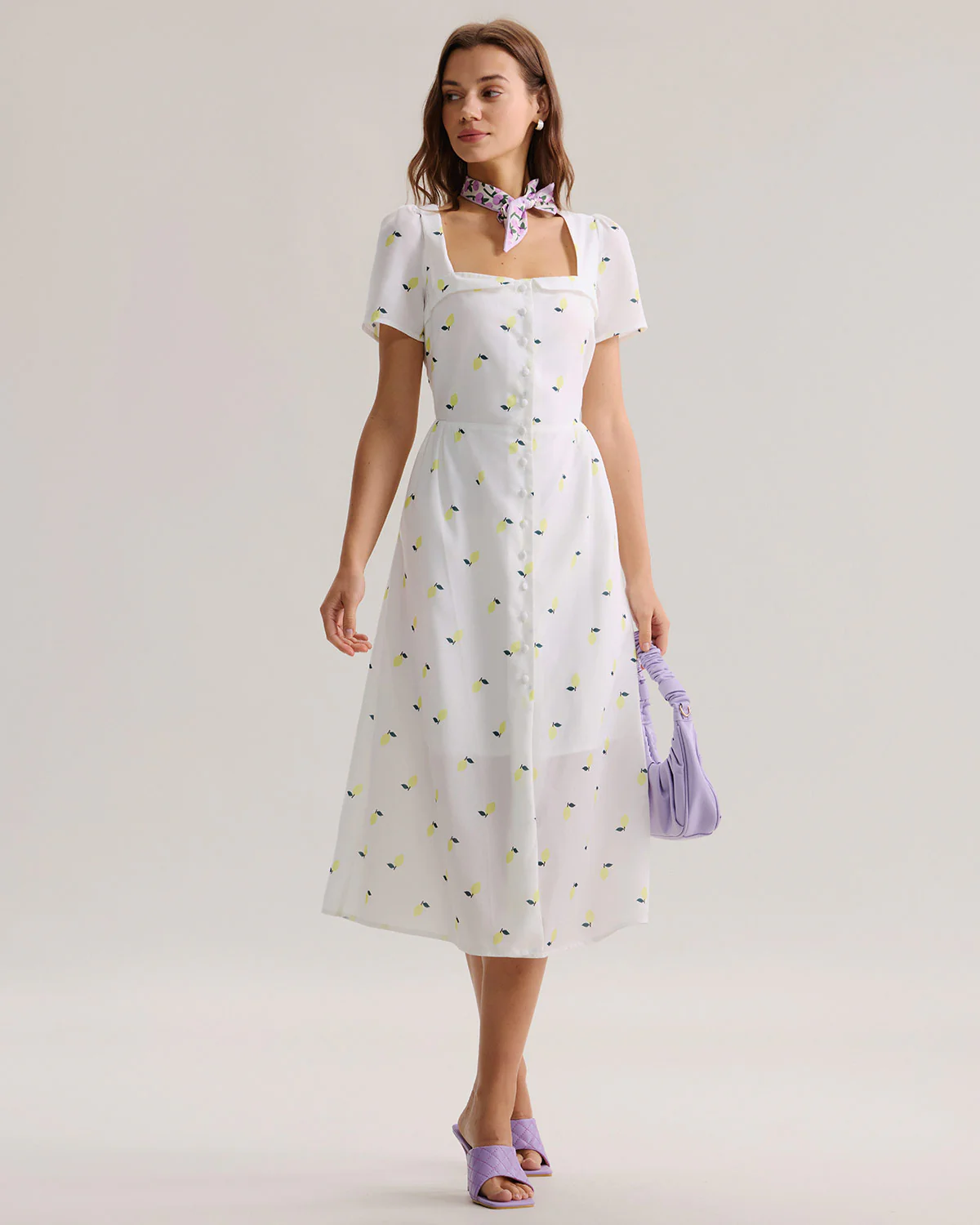 White Fruit Square Neck Midi Dress - Image 2