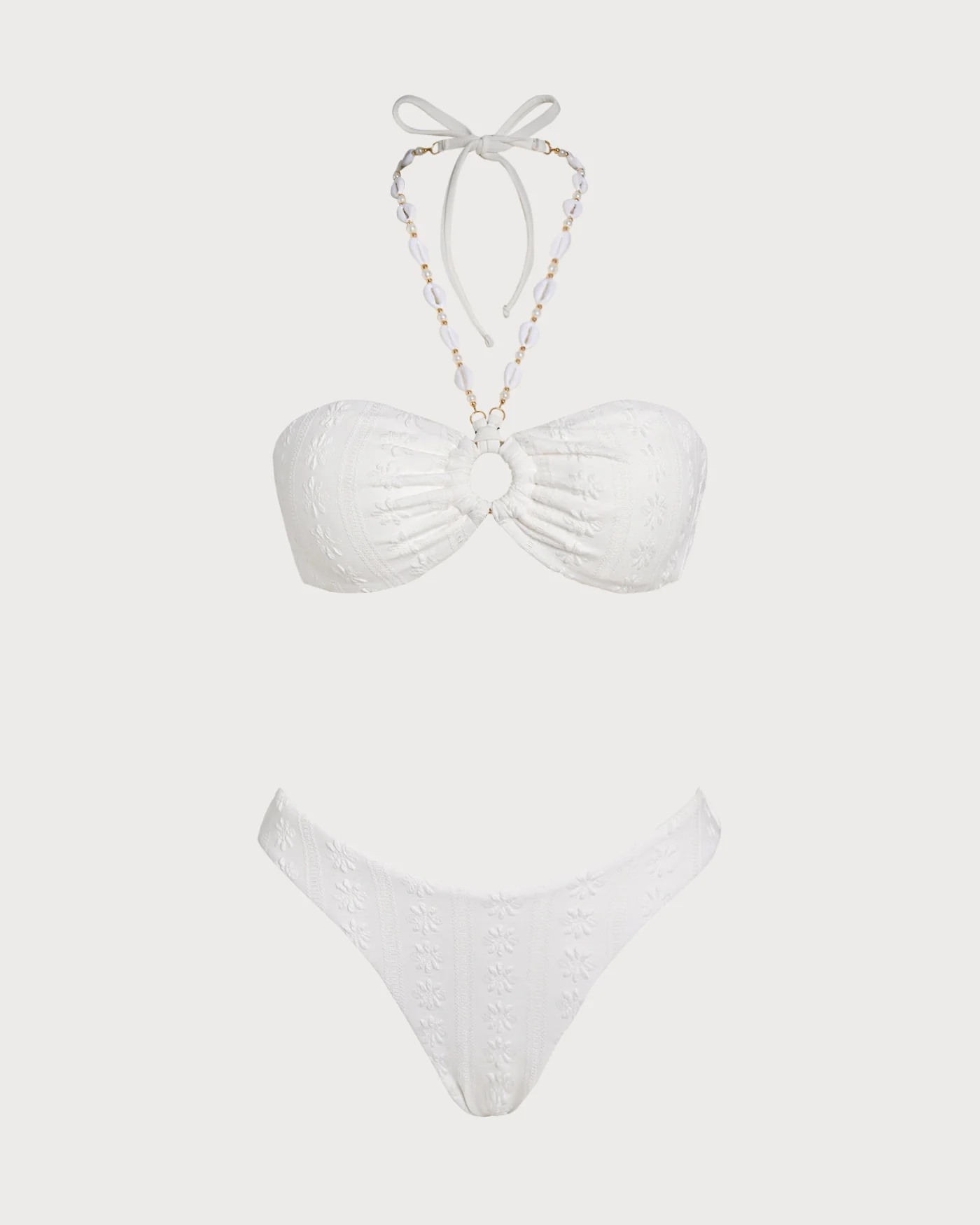 White Halter Jacquard Bandeau Bikini Set - Image 2