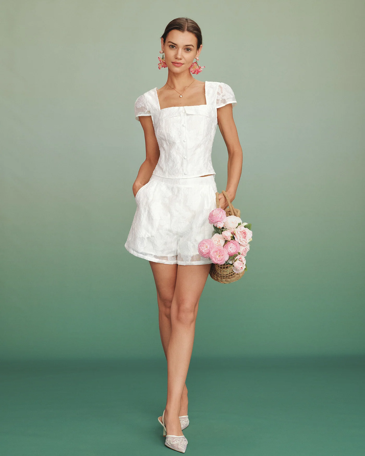 White Jacquard Pockets Shorts - Image 4
