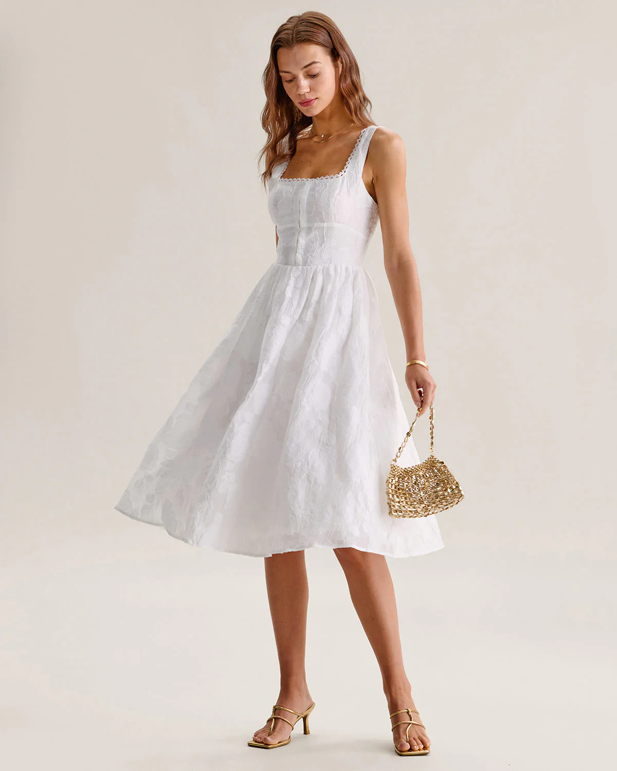 White Jacquard Shirred Slip Midi Dress - Image 3