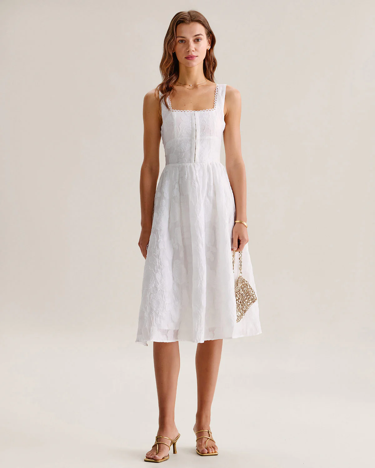 White Jacquard Shirred Slip Midi Dress - Image 4