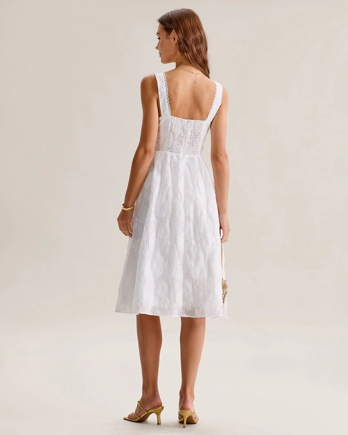 White Jacquard Shirred Slip Midi Dress - Image 5