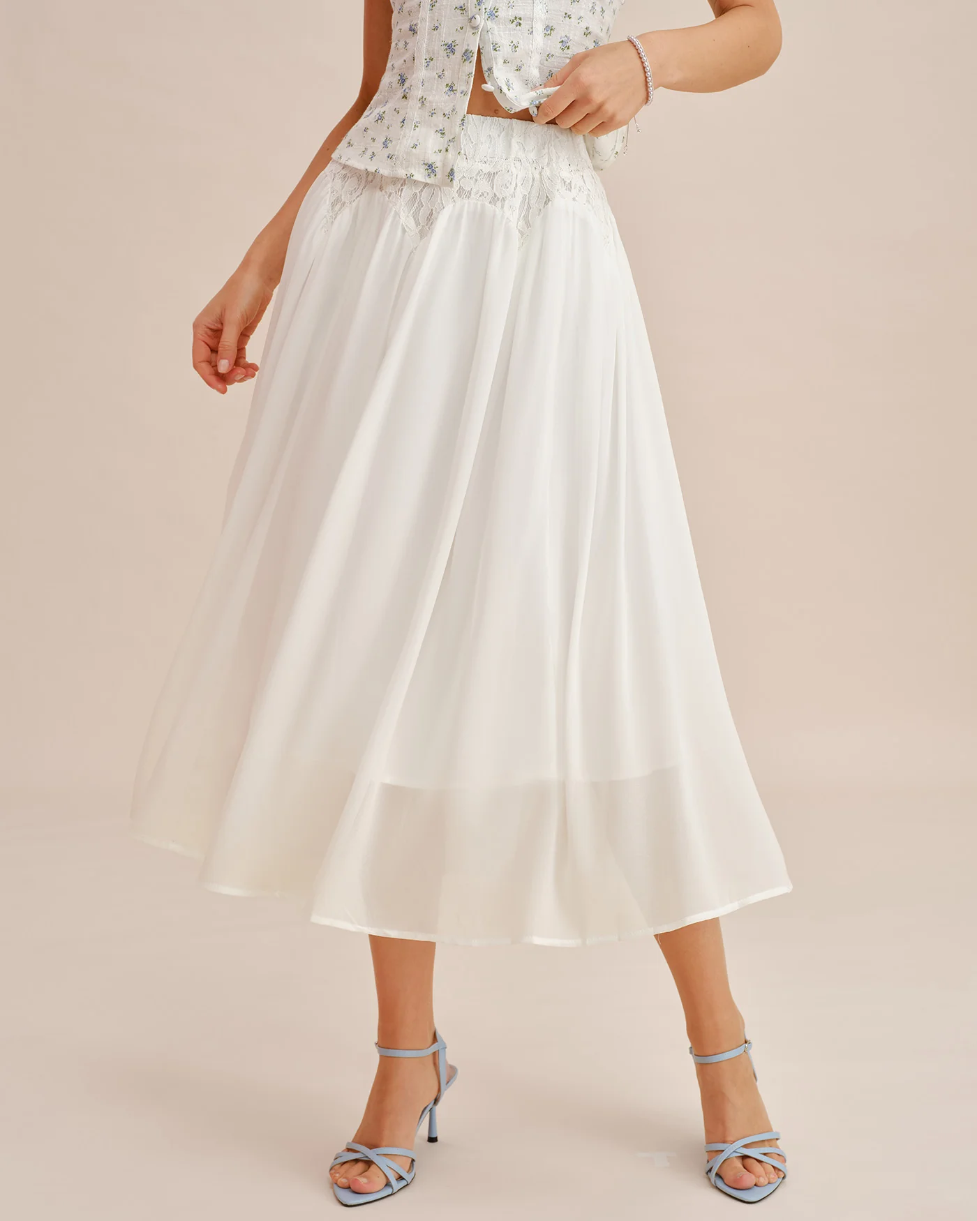 White Lace Splicing Elastic Waist Midi Skirt - Image 3