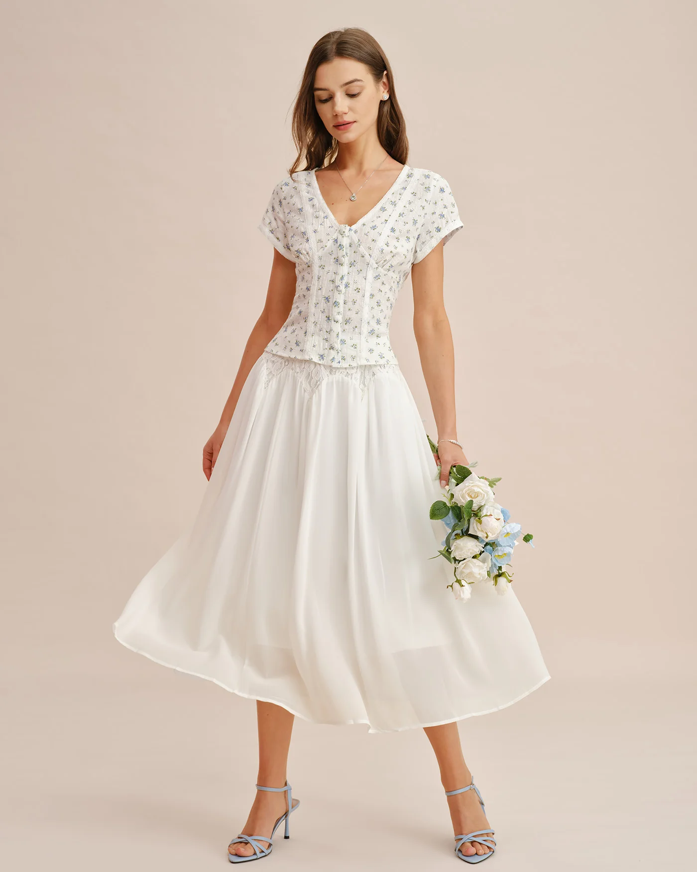 White Lace Splicing Elastic Waist Midi Skirt - Image 4