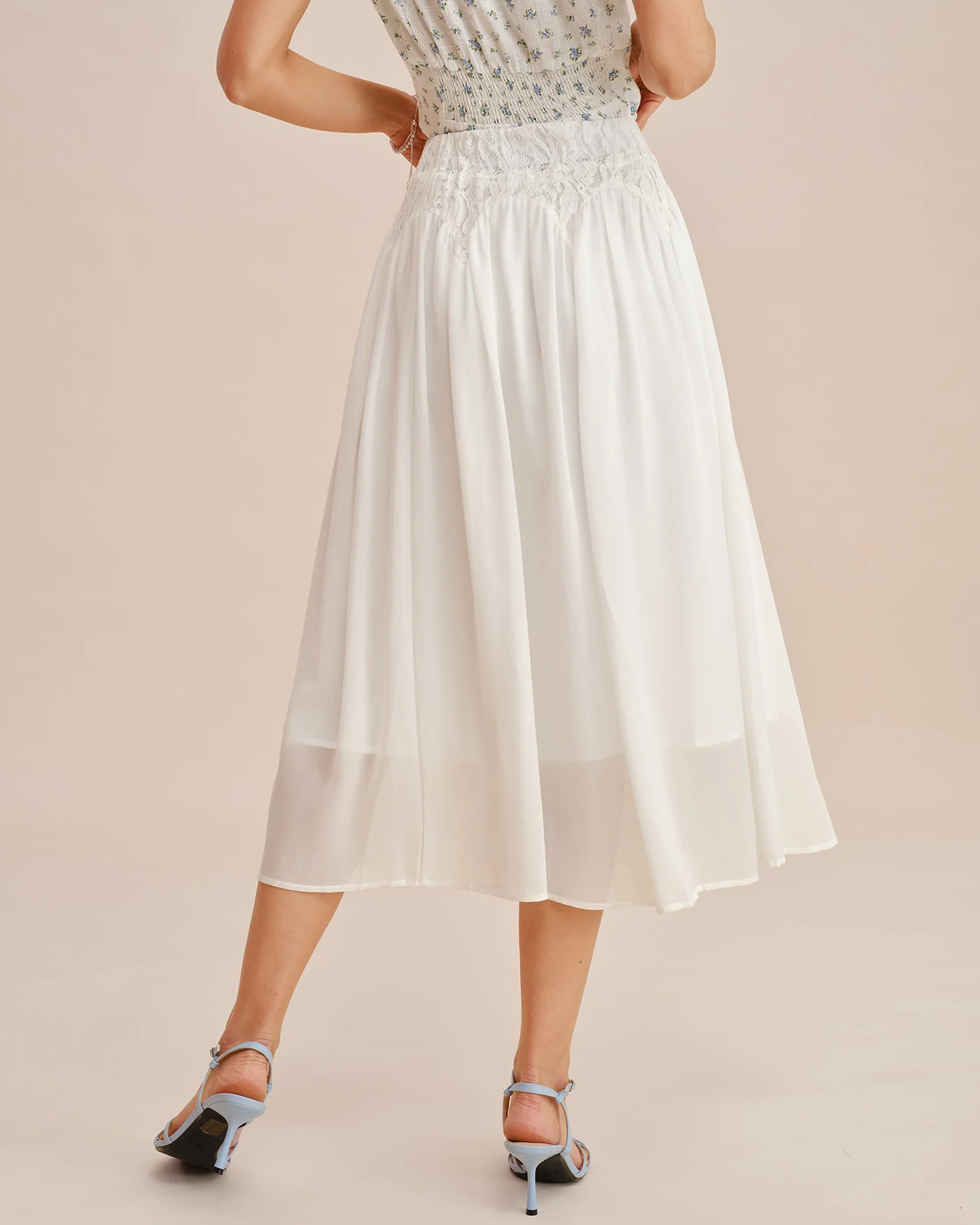 White Lace Splicing Elastic Waist Midi Skirt - Image 5