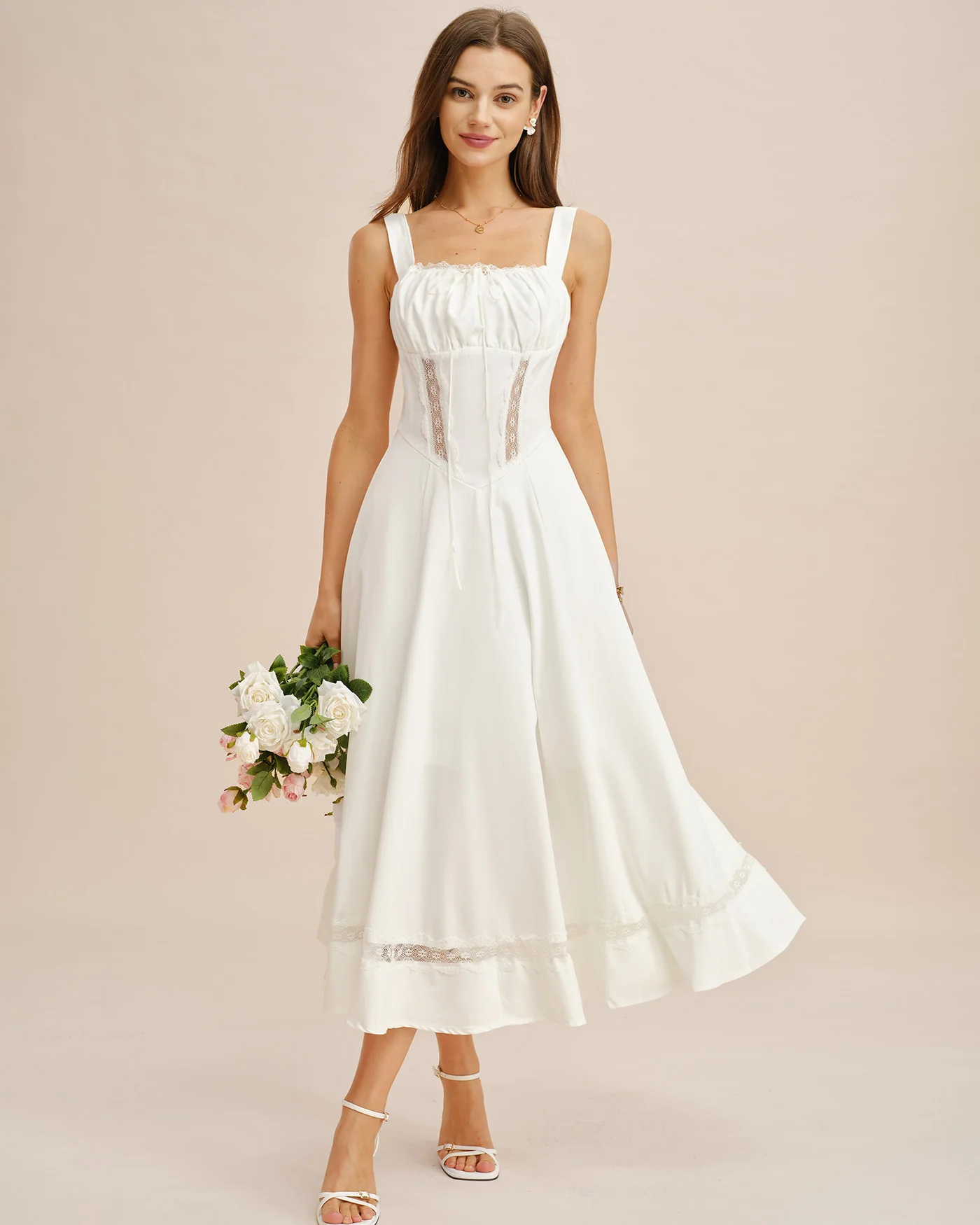 White Lace Splicing Slip Maxi Dress - Image 2