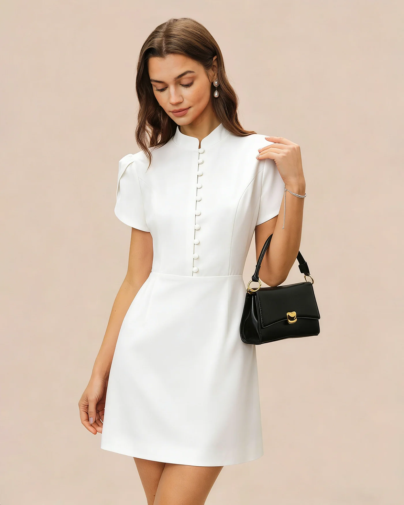 White Mandarin Collar Button Mini Dress - Image 3