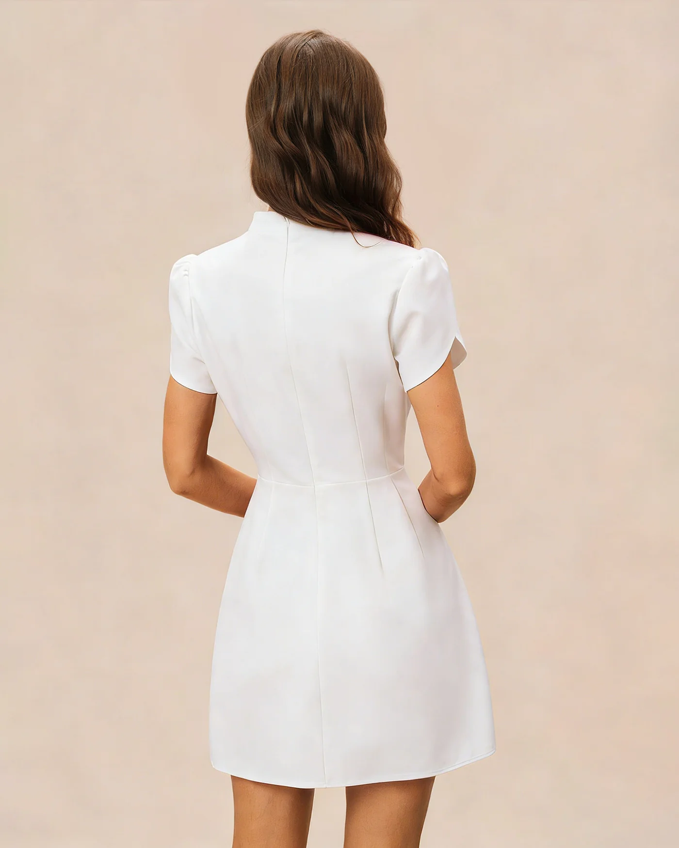 White Mandarin Collar Button Mini Dress - Image 4