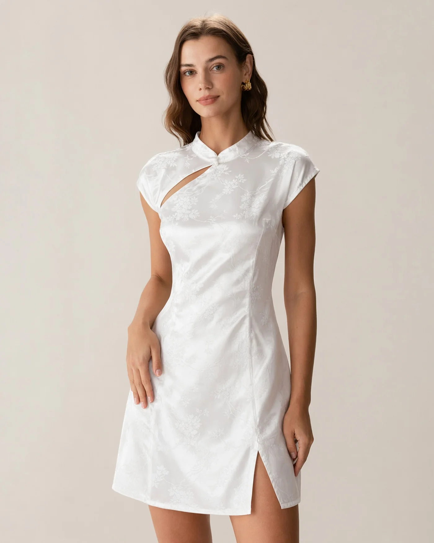White Mandarin Collar Jacquard Mini Dress - Image 5