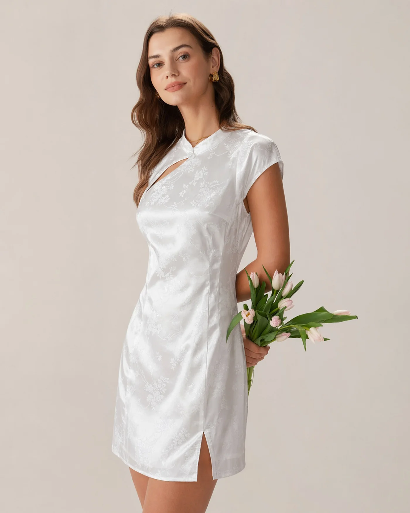 White Mandarin Collar Jacquard Mini Dress - Image 6
