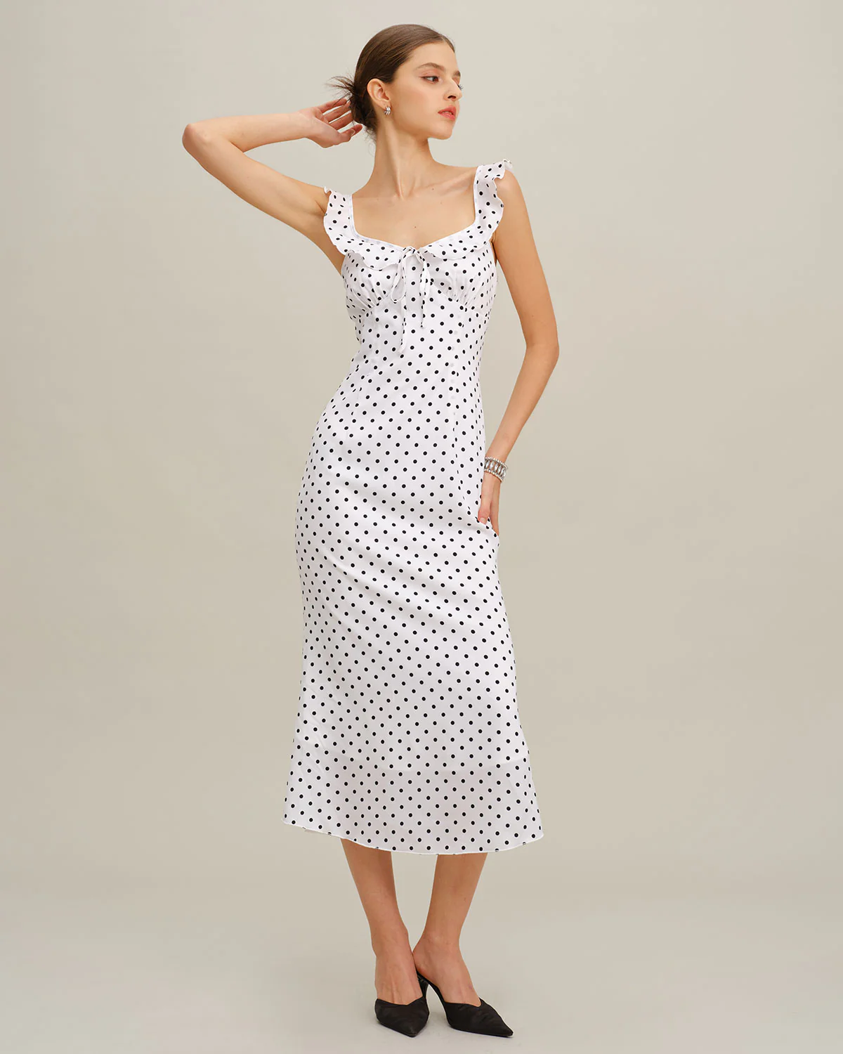 White Polka Dot Ruffle Midi Dress - Image 4