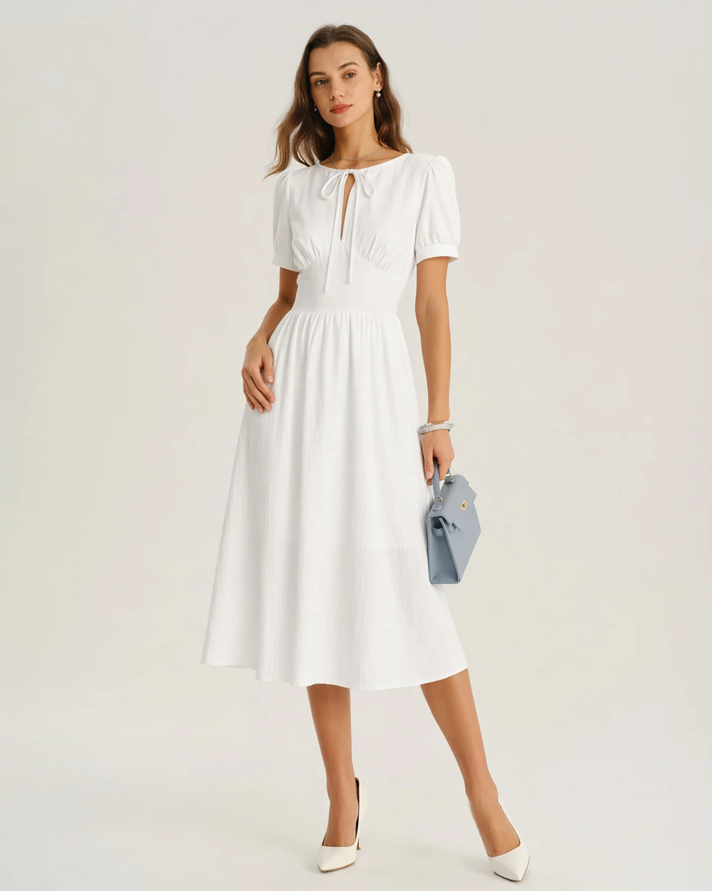 White Puffed Sleeve A-Line Midi Dress - Image 3